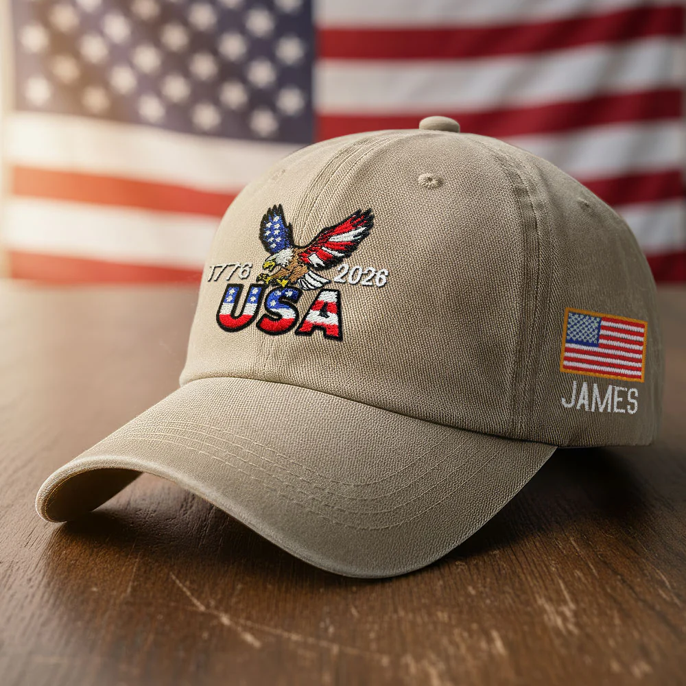 Personalized 250 Years USA Washed Cap with Embroidered American Flag, Patriotic Cap