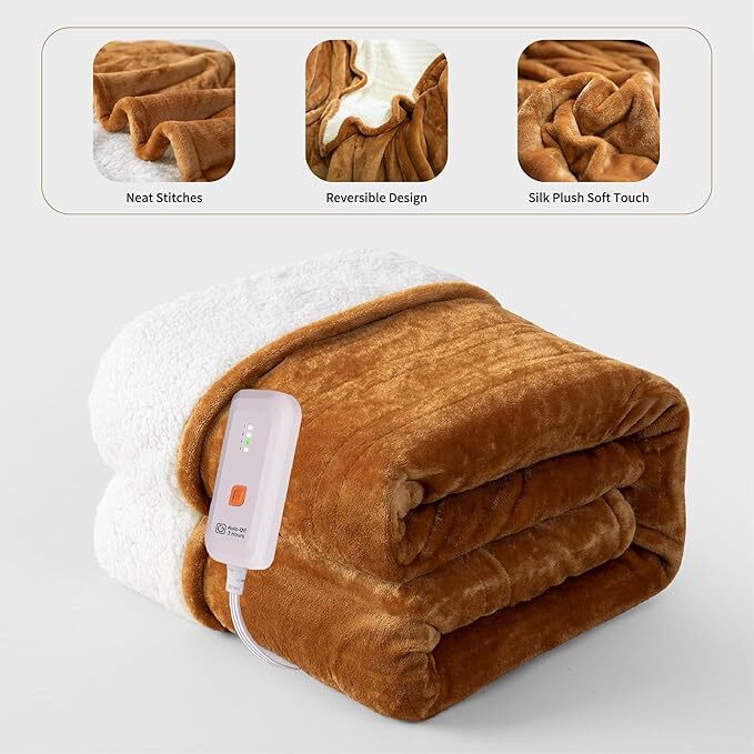 Electric Heated Wearable Blanket - Flannel & Sherpa,  6 Heating Levels & Timer, Wearable with Built-in Foot Pockets & Sleeves