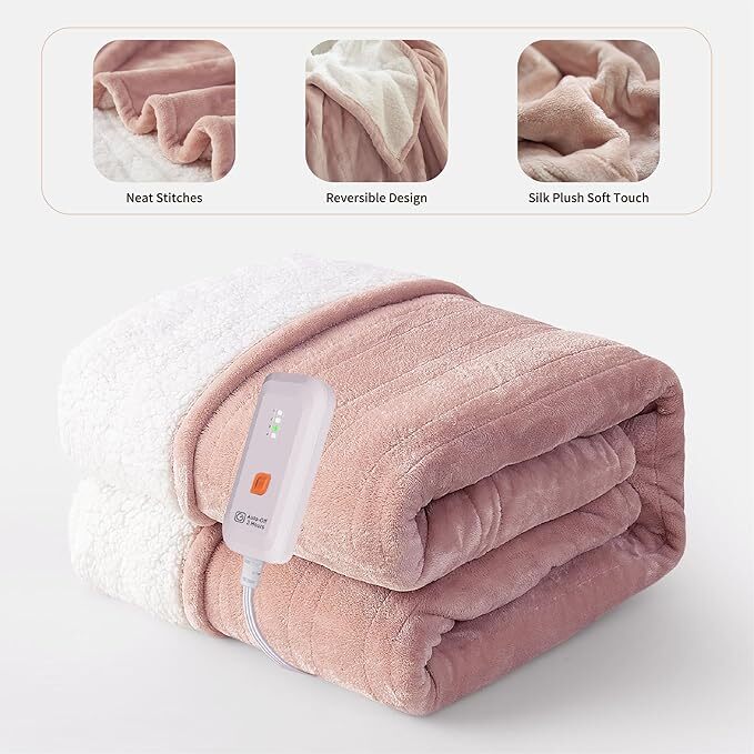 Electric Heated Wearable Blanket - Flannel & Sherpa,  6 Heating Levels & Timer, Wearable with Built-in Foot Pockets & Sleeves