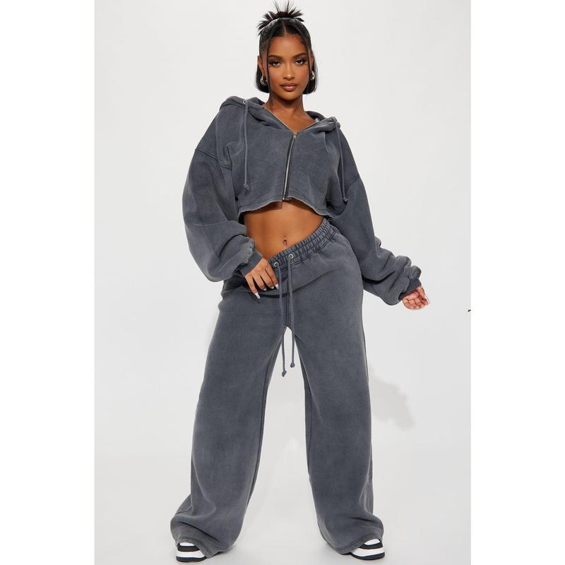 On The Go Fleece Pant Set - Charcoal