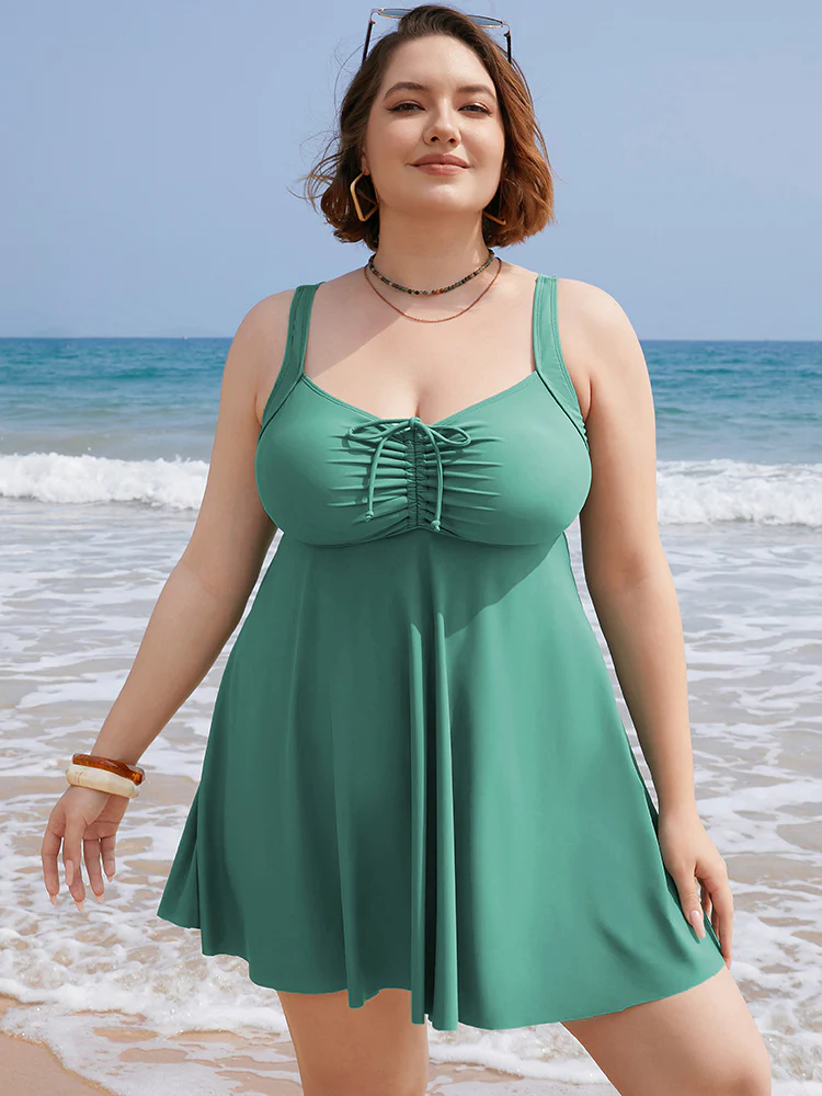 Ruched Drawstring Flutter Hem Swim Dress