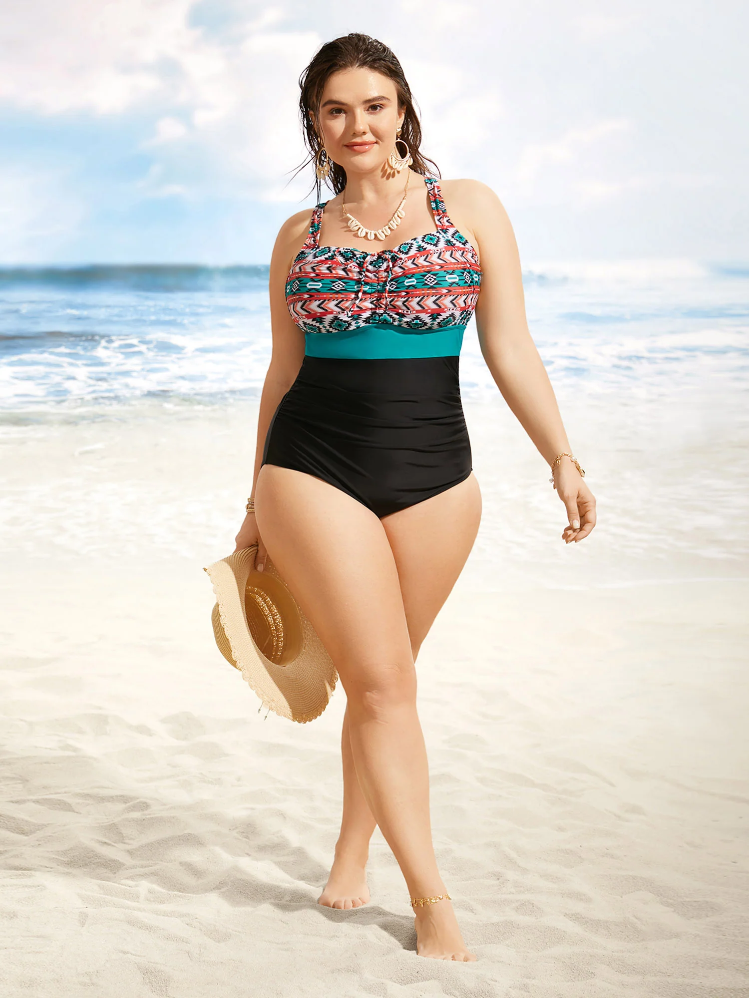 Heart Neckline Bandana Print Contrast One Piece Swimsuit