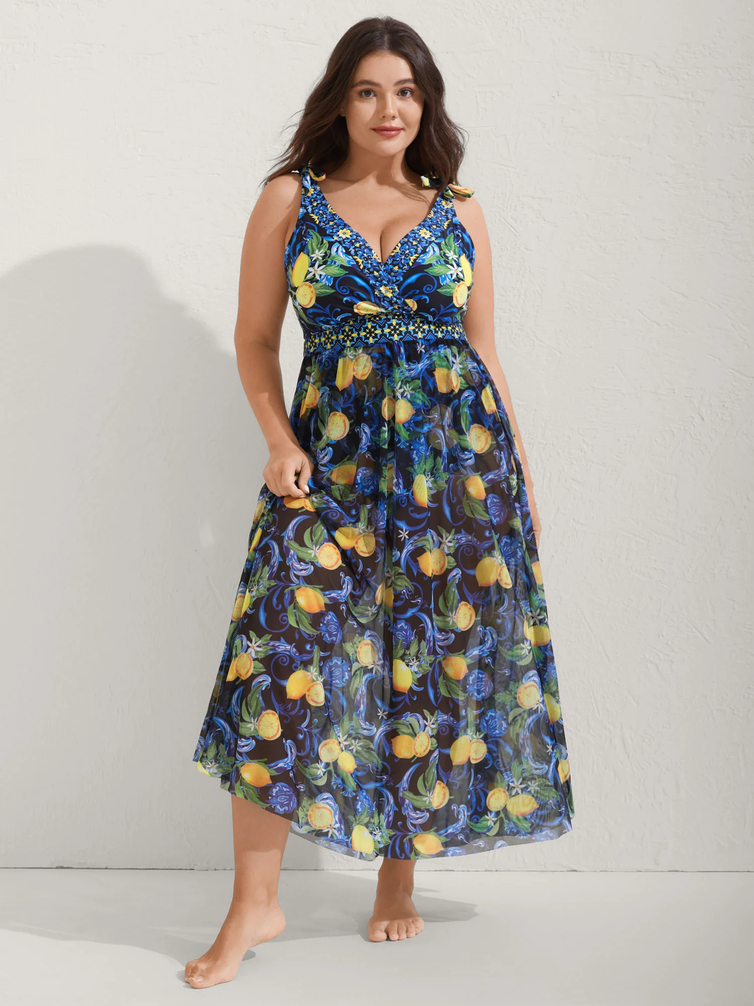 Two-Piece Citrus Print Sarong Swimsuit