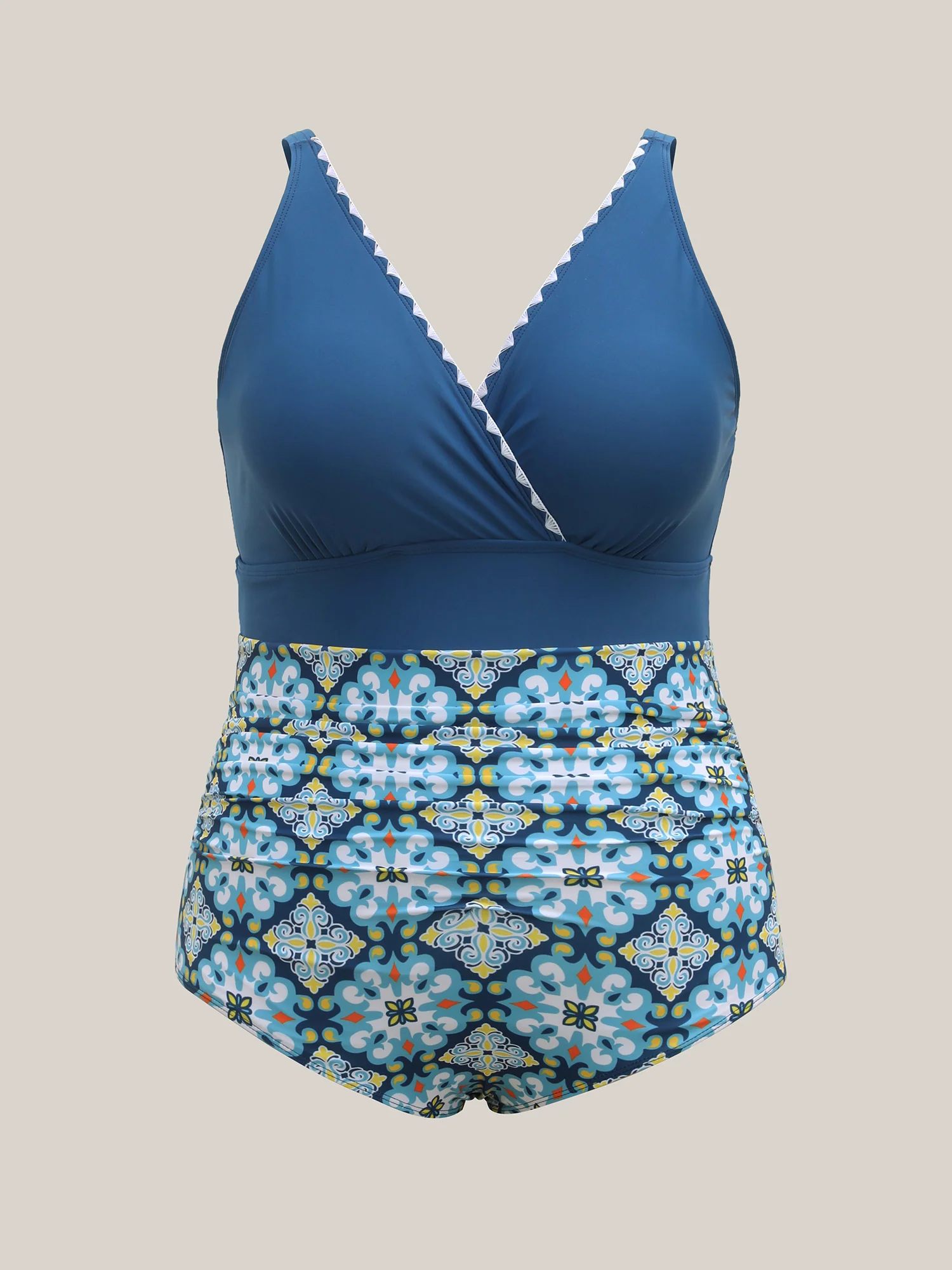 Embroidered Pleated Printed One-Piece Swimsuit