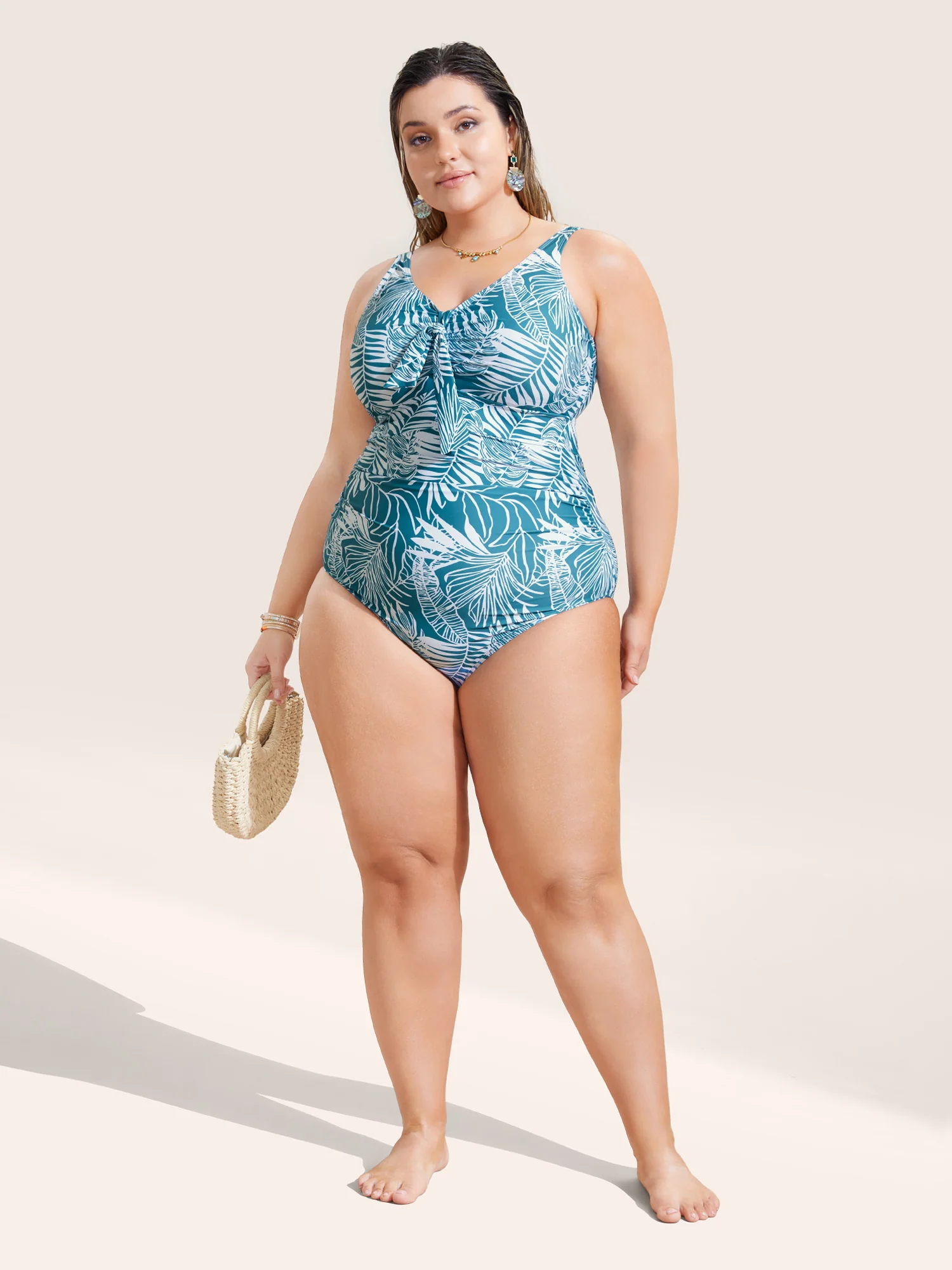 Tropical Print Knotted Gathered One Piece Swimsuit