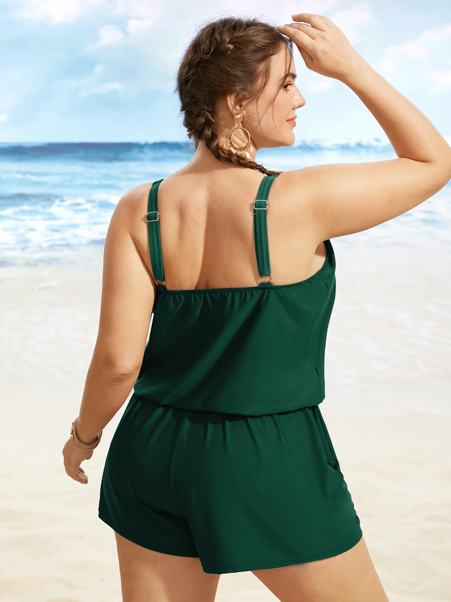 Solid Keyhole Elastic Waist Gathered One Piece Swimsuit