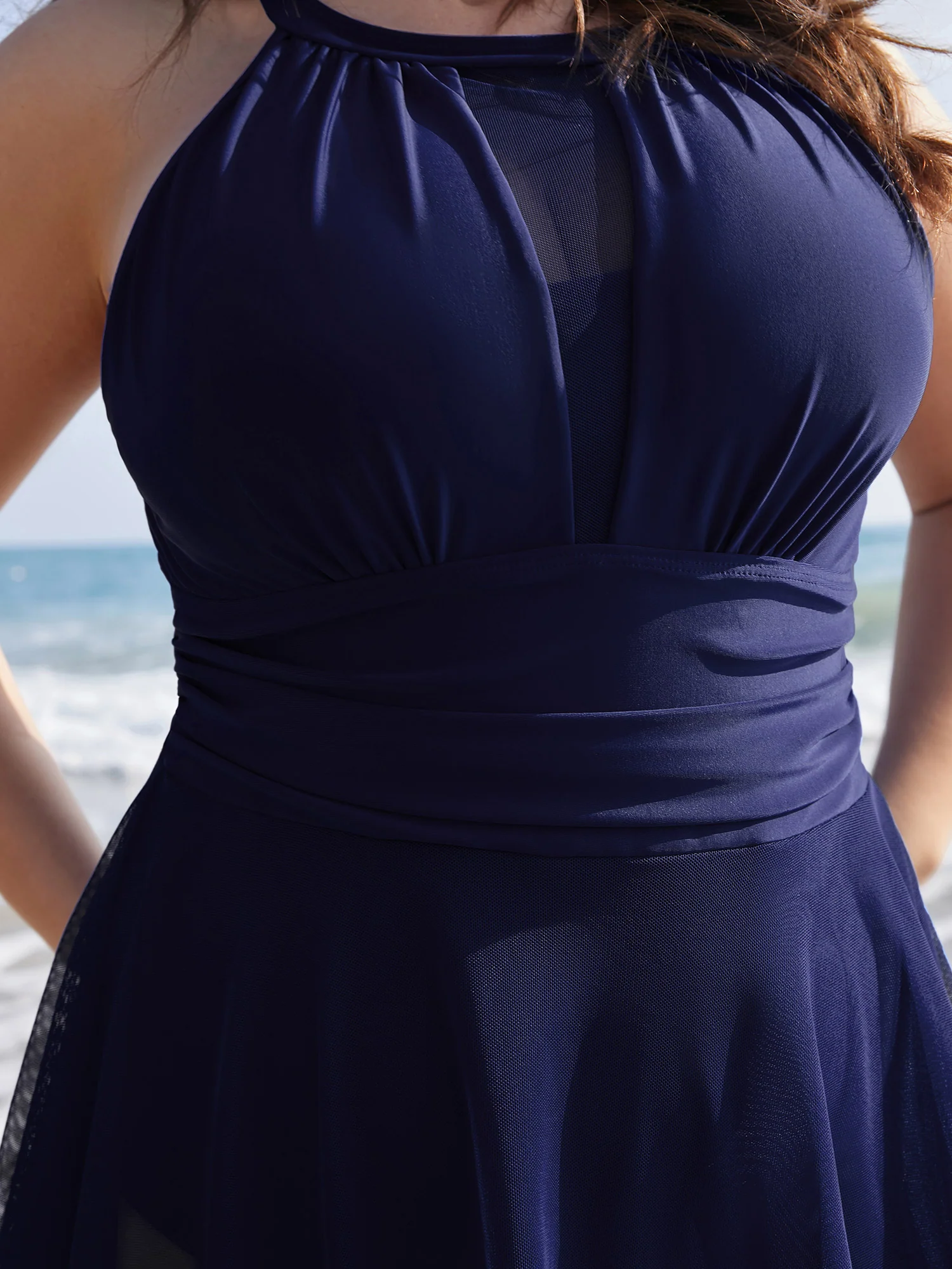 Knotted Back Mesh Insert Halter Swim Dress