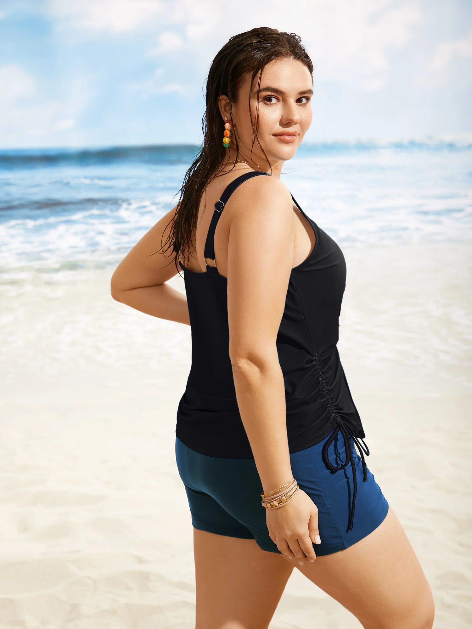 Island Print Drawstring Adjustable Swim Top