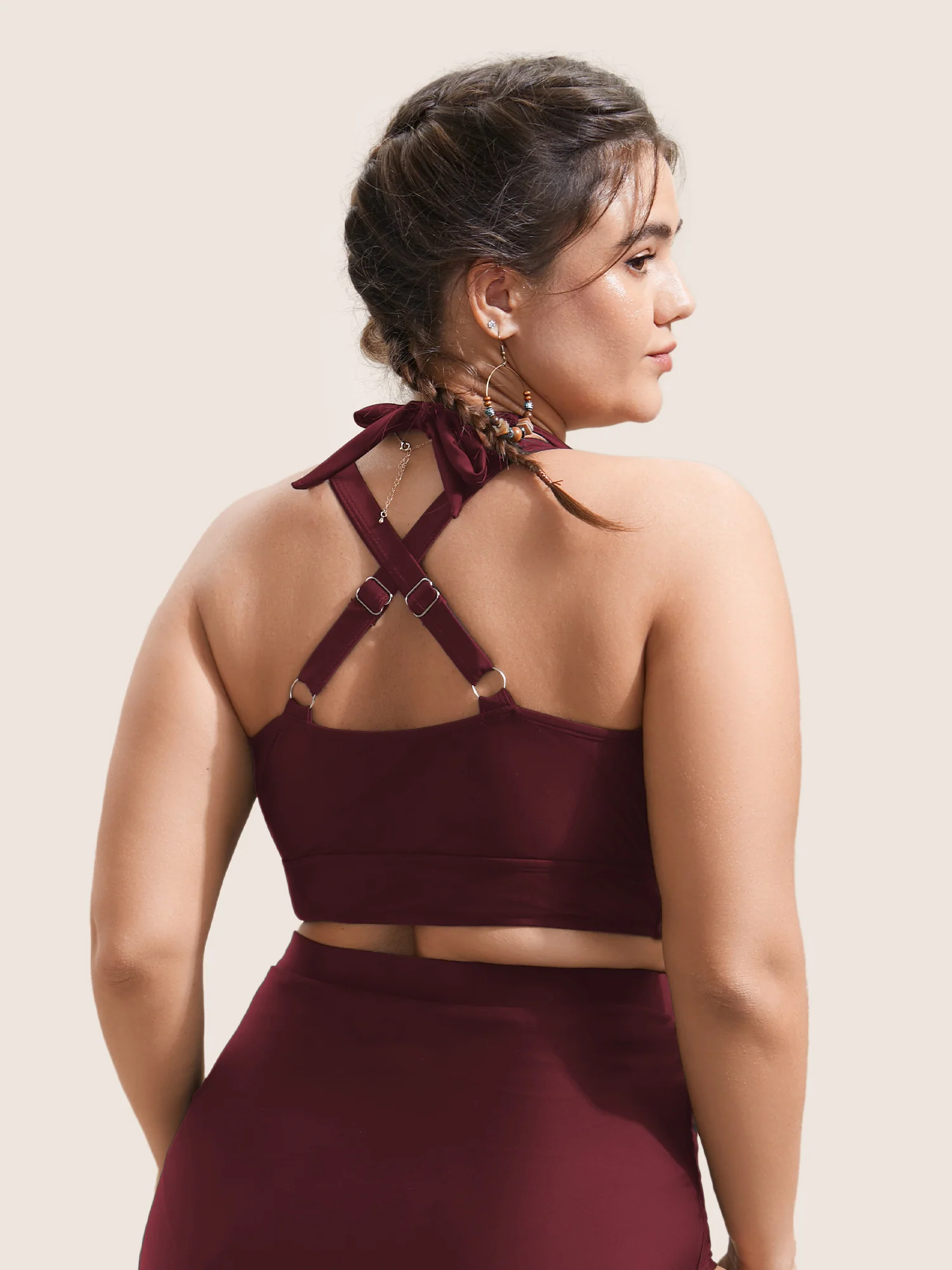 Plain V Neck High Stretch Tie Knot Swim Top