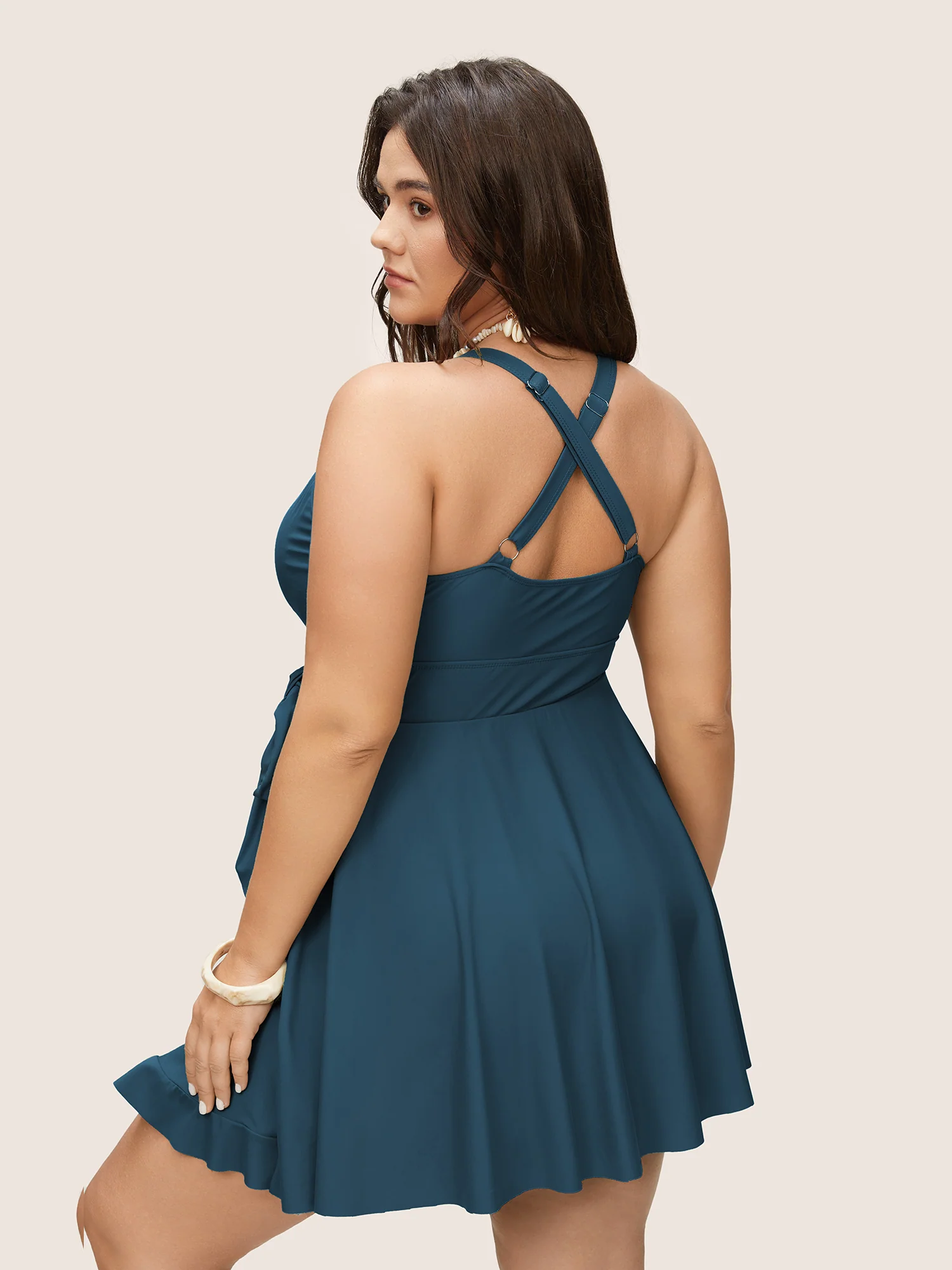 Plain Ties Wrap Flutters Swim Dress