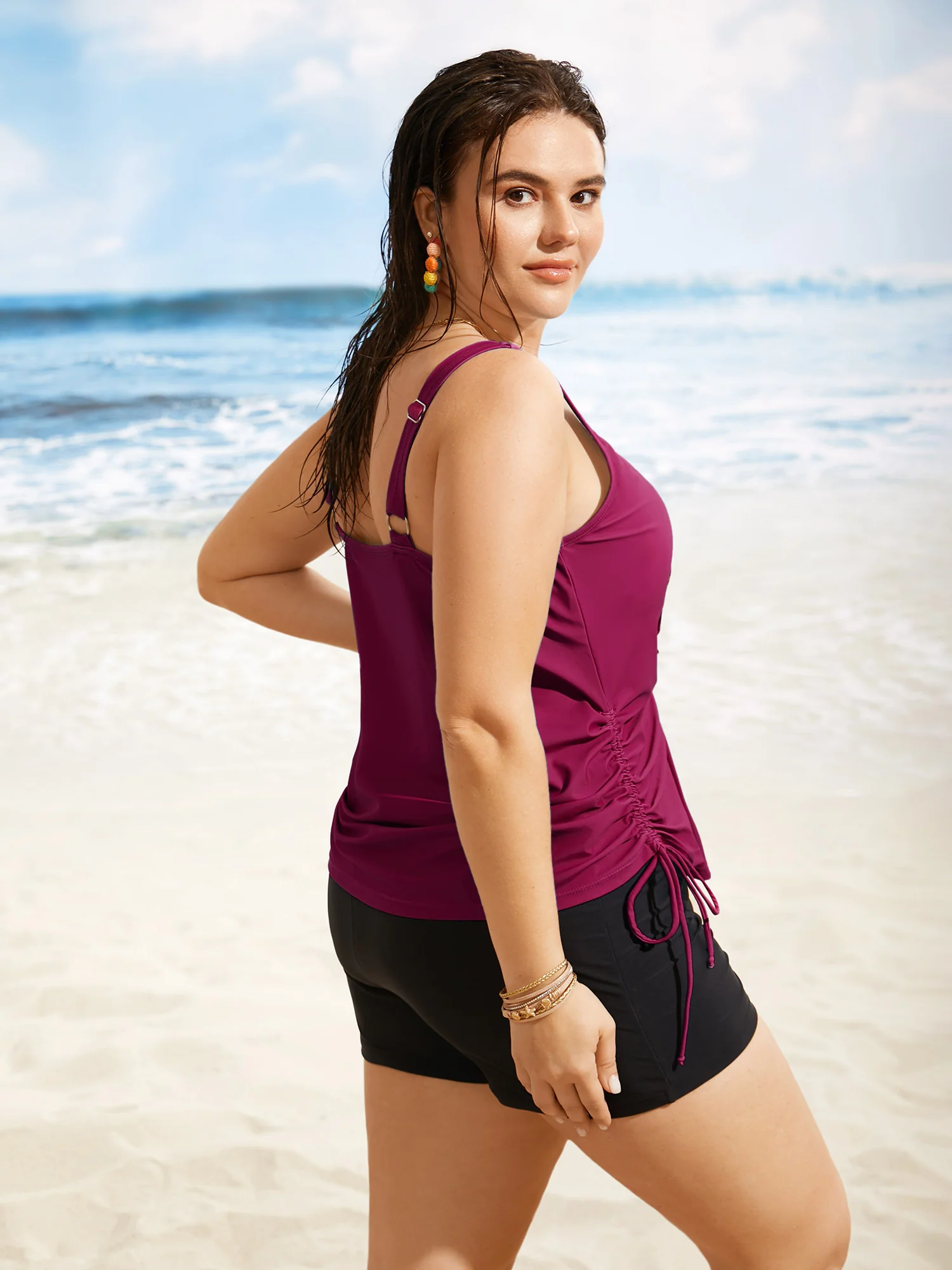 Island Print Drawstring Adjustable Swim Top