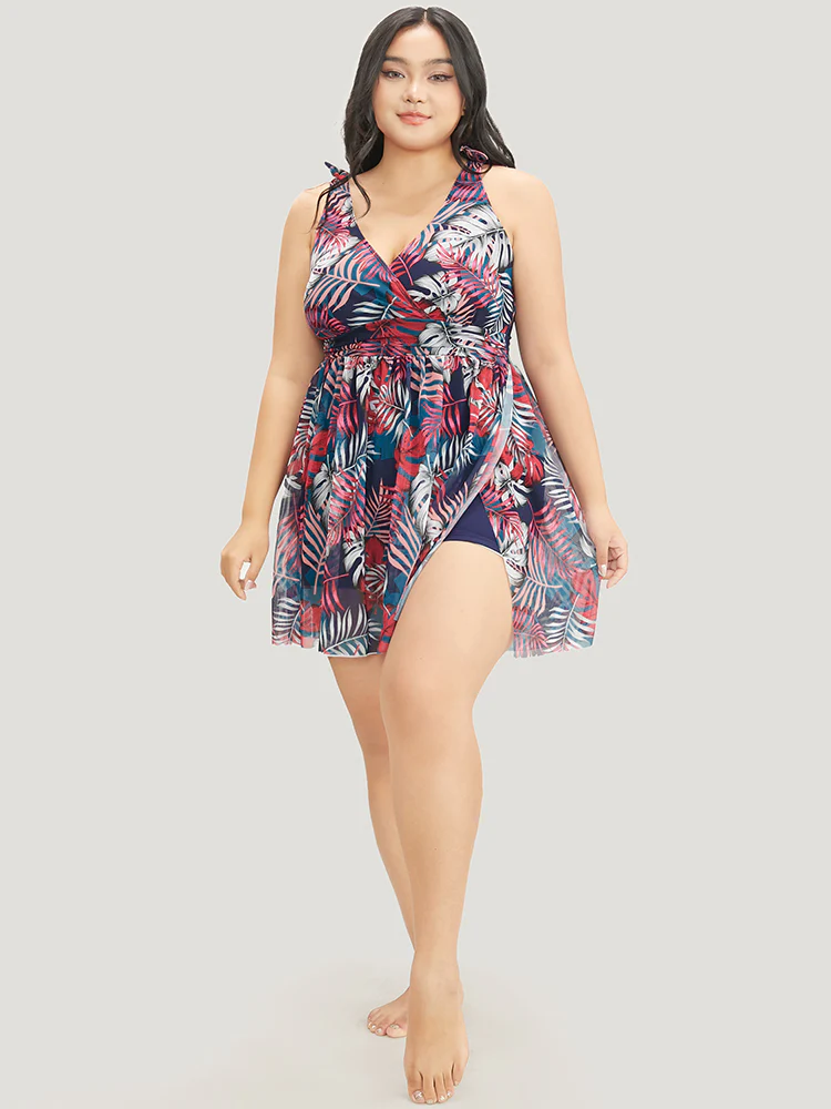 Tropical Print Bow Sculpt Waist Split Swim Dress