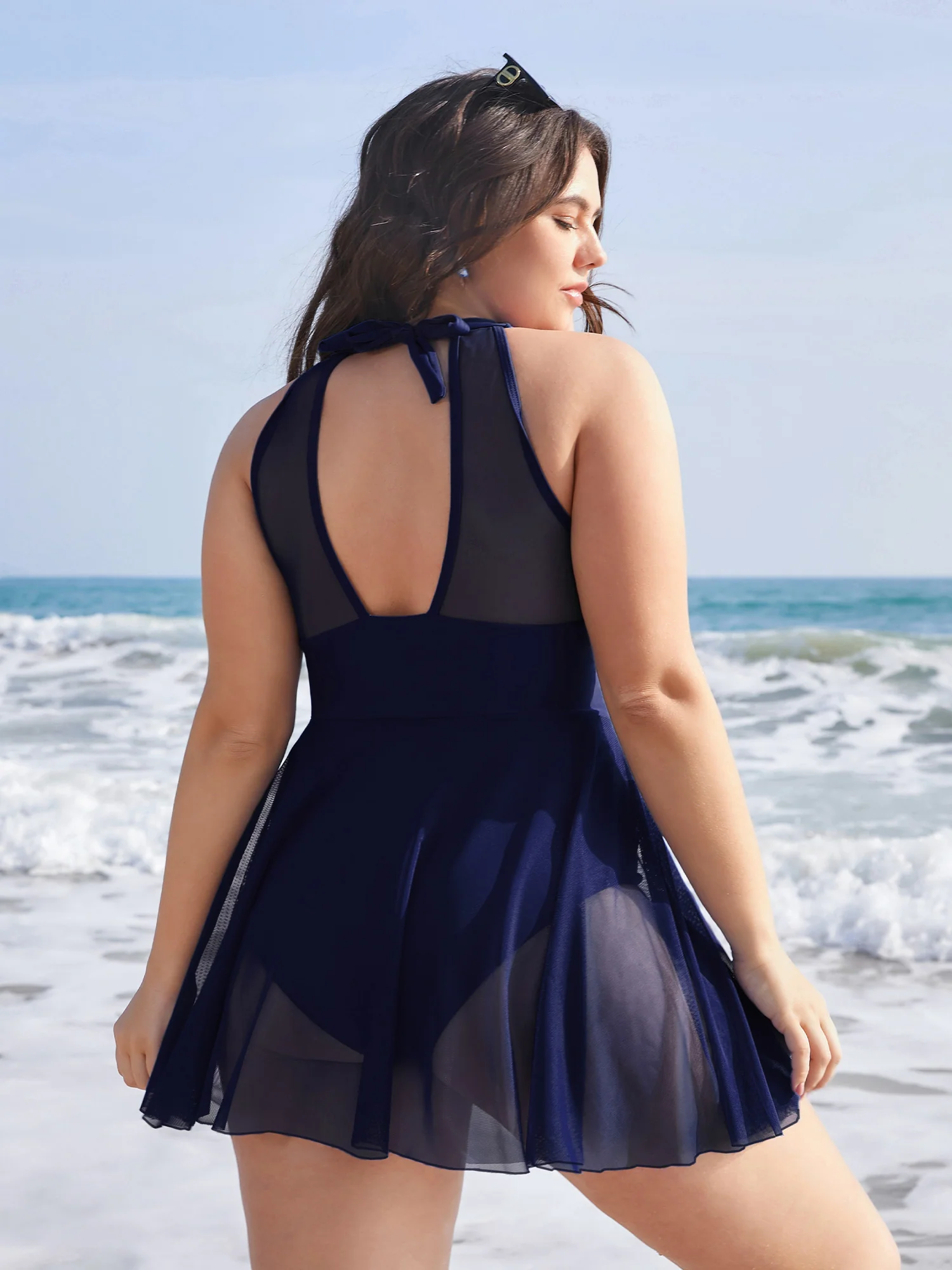 Knotted Back Mesh Insert Halter Swim Dress