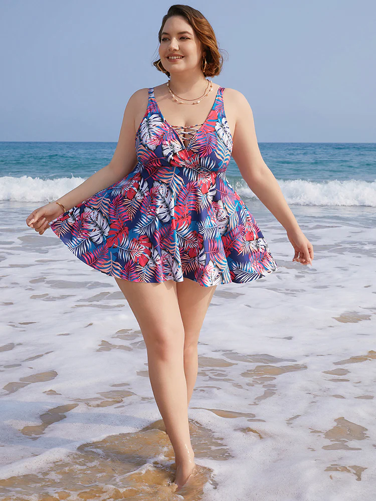 Tropical Print Wrap Ruffles Crisscross Swim Dress