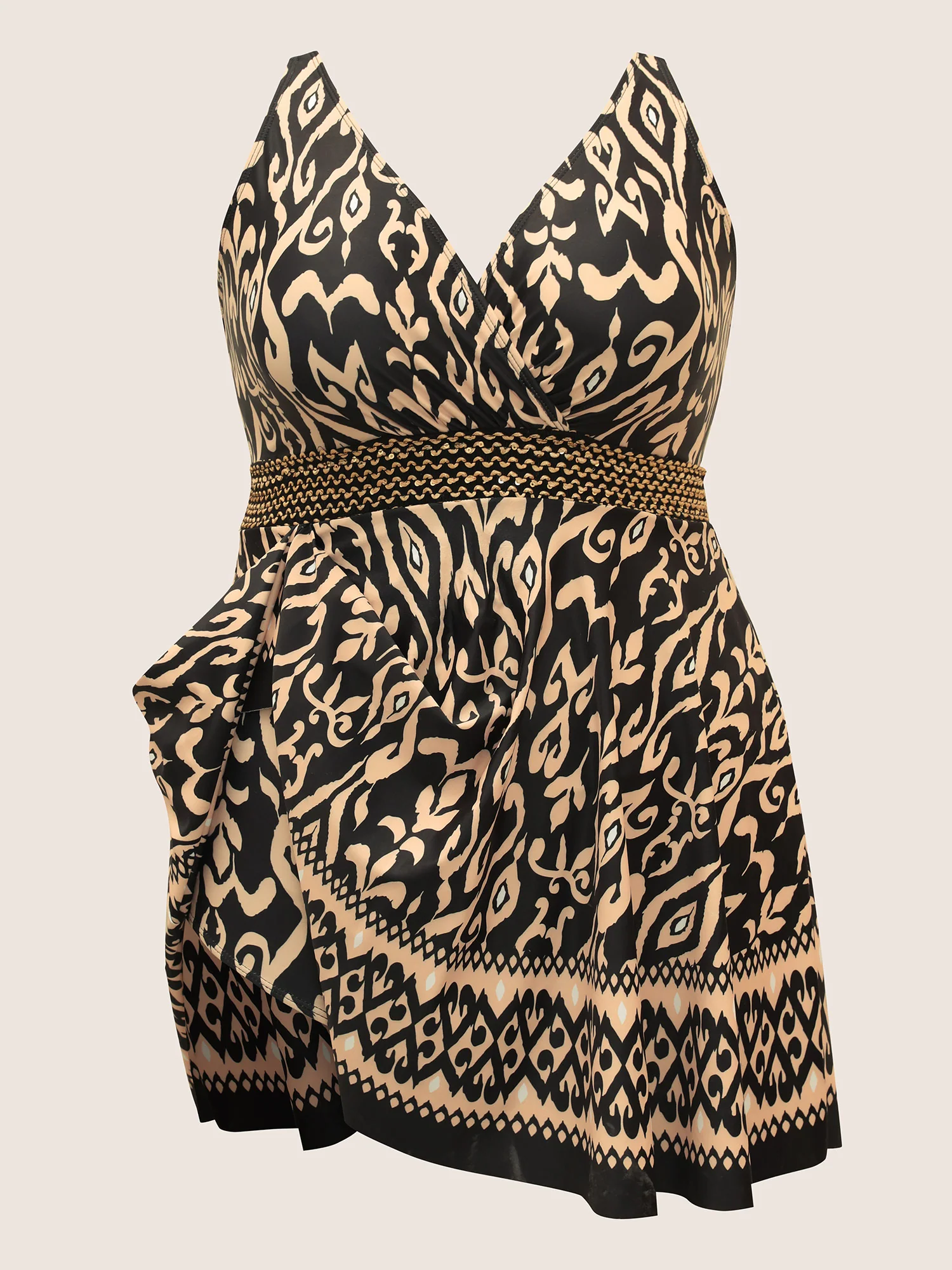 Boho Print Overlap Collar Woven Ribbon Swim Dress