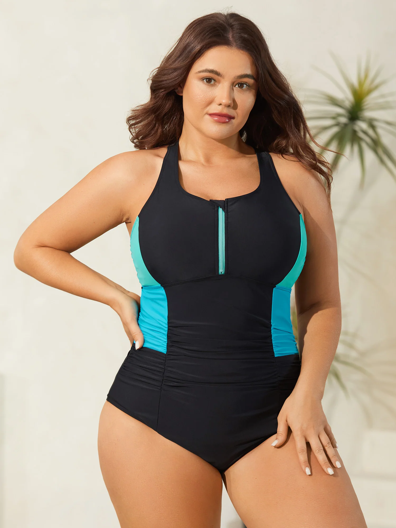Color Block Zipper Front One-Piece Swimsuit