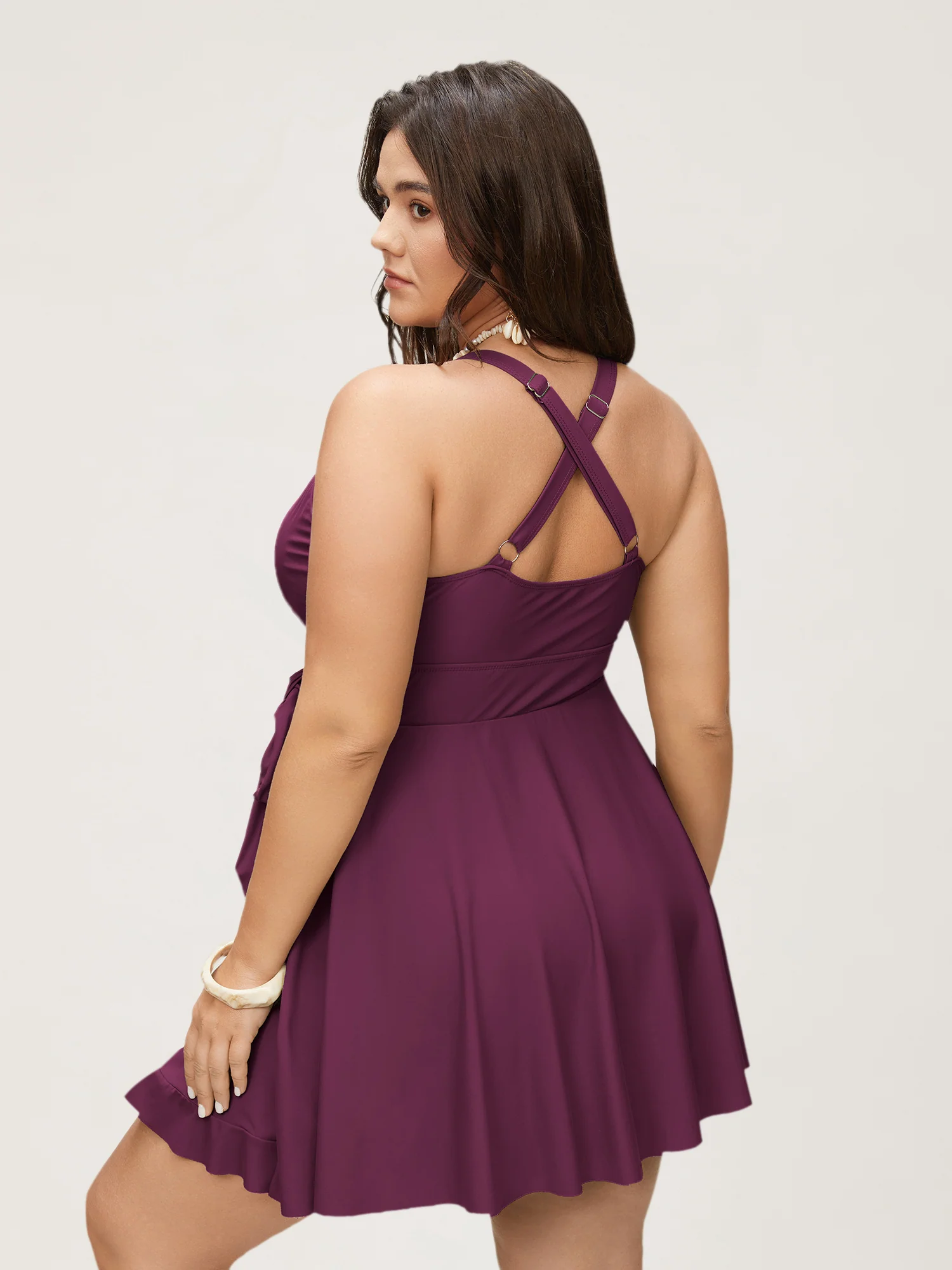 Plain Ties Wrap Flutters Swim Dress