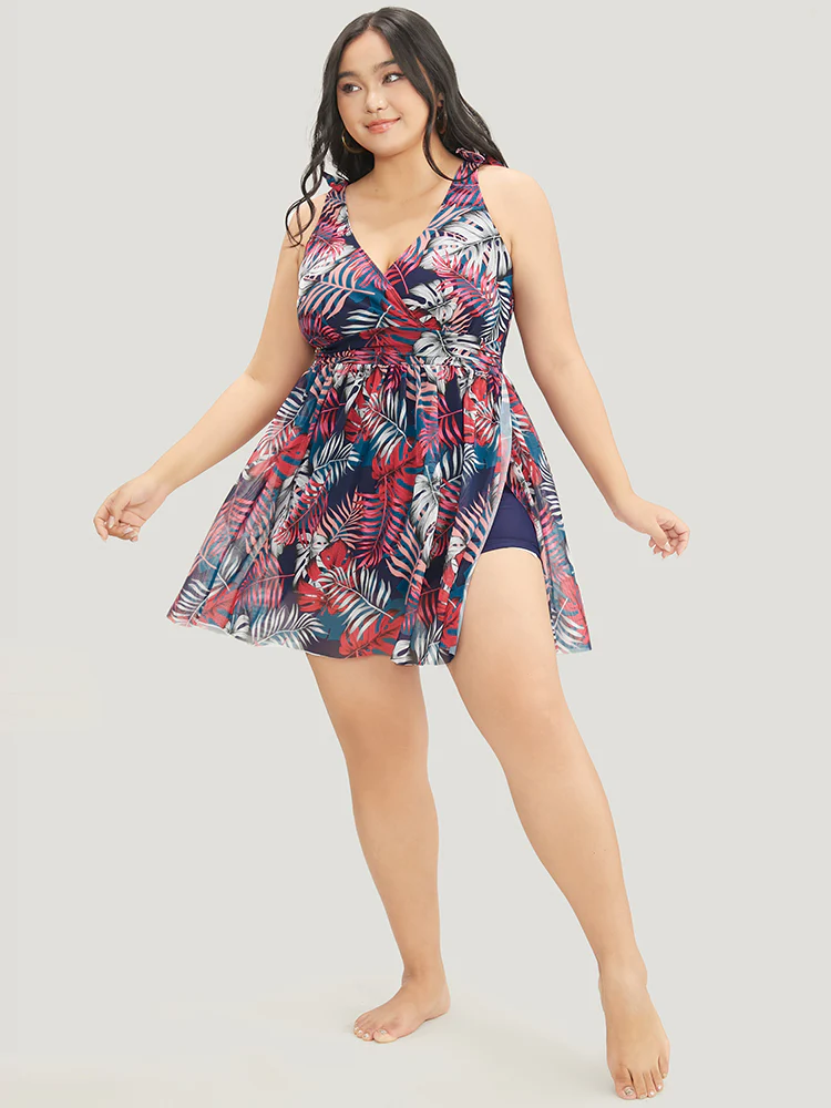 Tropical Print Bow Sculpt Waist Split Swim Dress