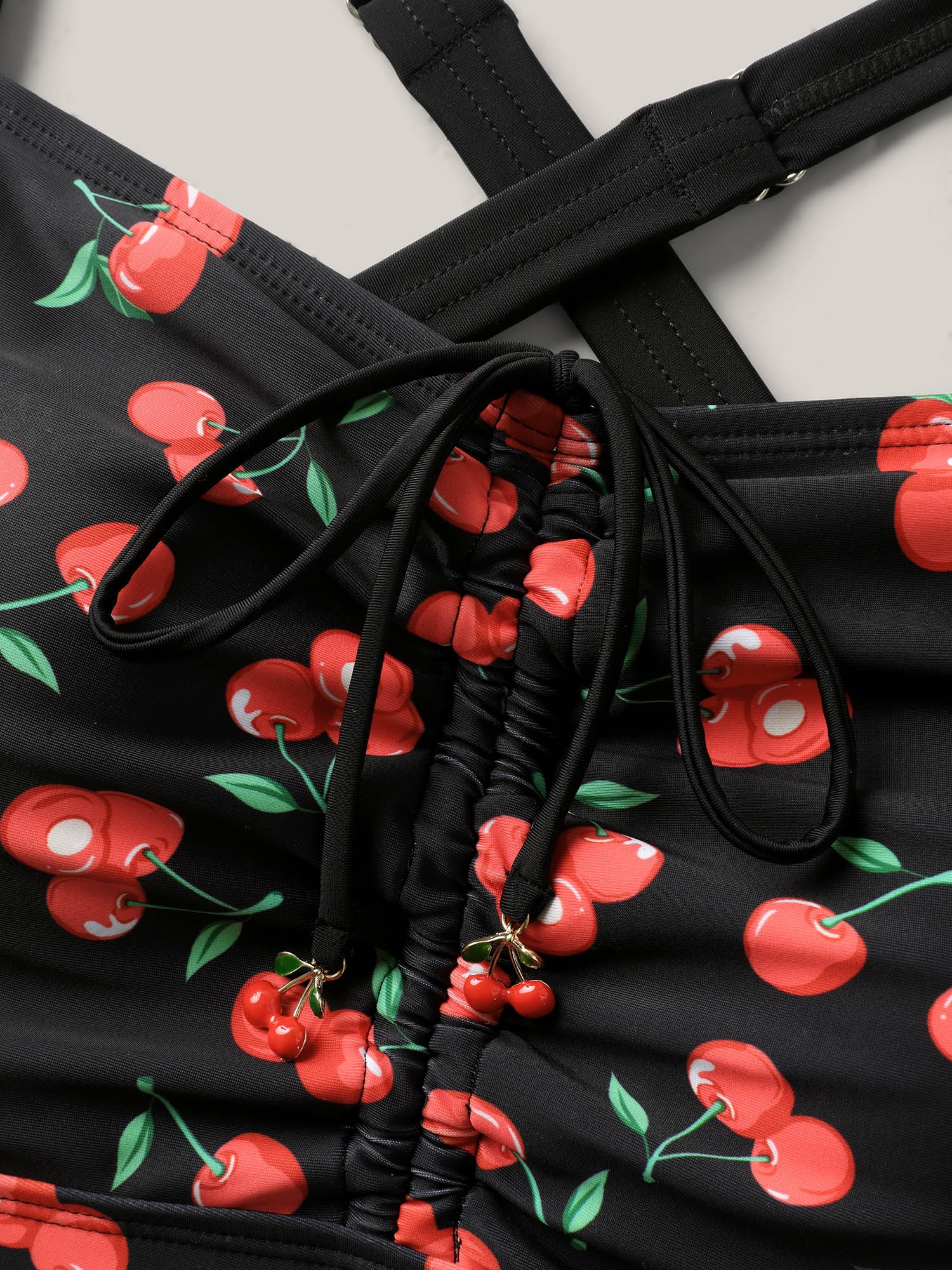 Cherry Print Ruched Drawstring Swim Top