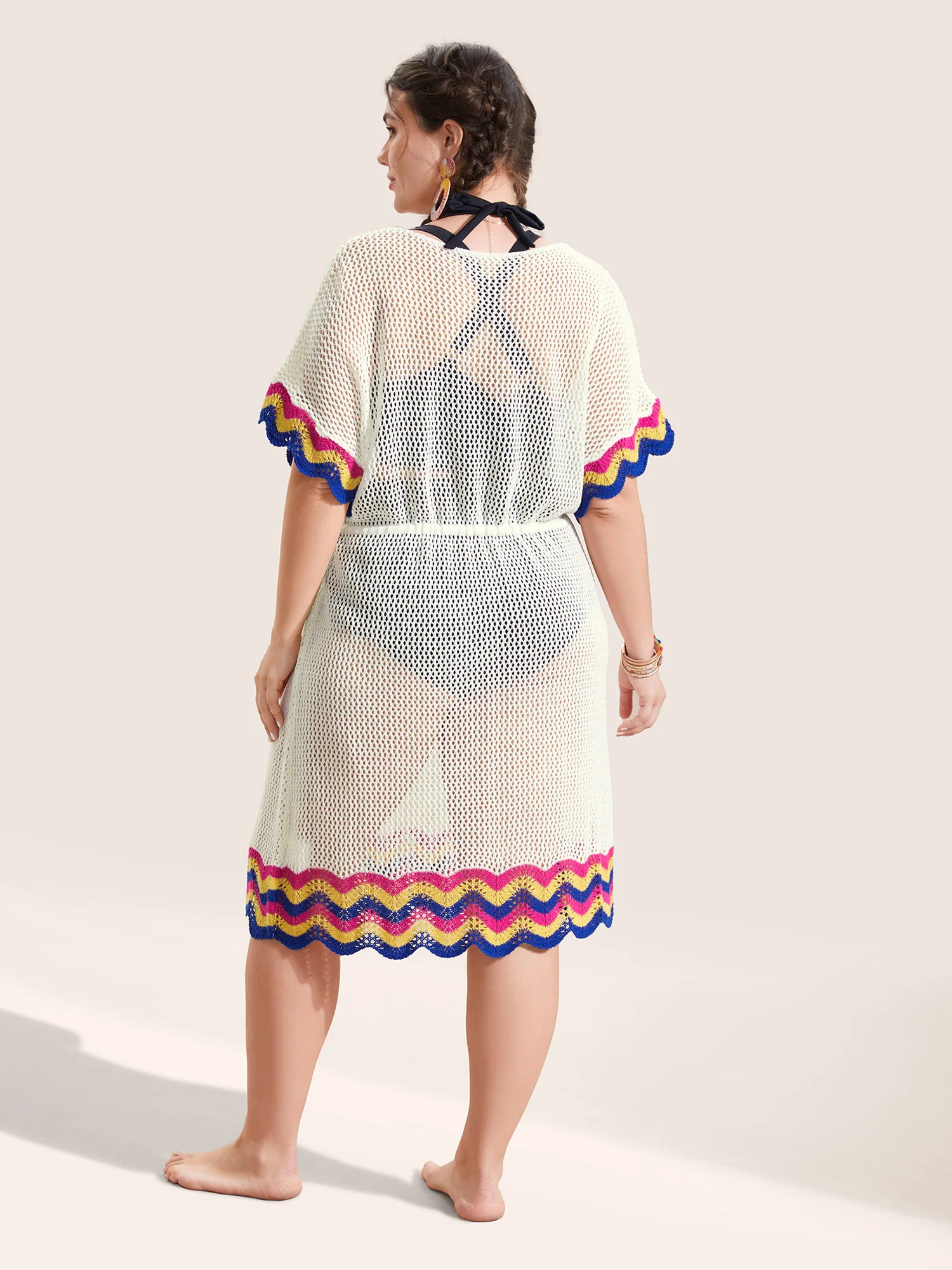 Deep V Neck Contrast Striped Drawstring Swim Cover Up