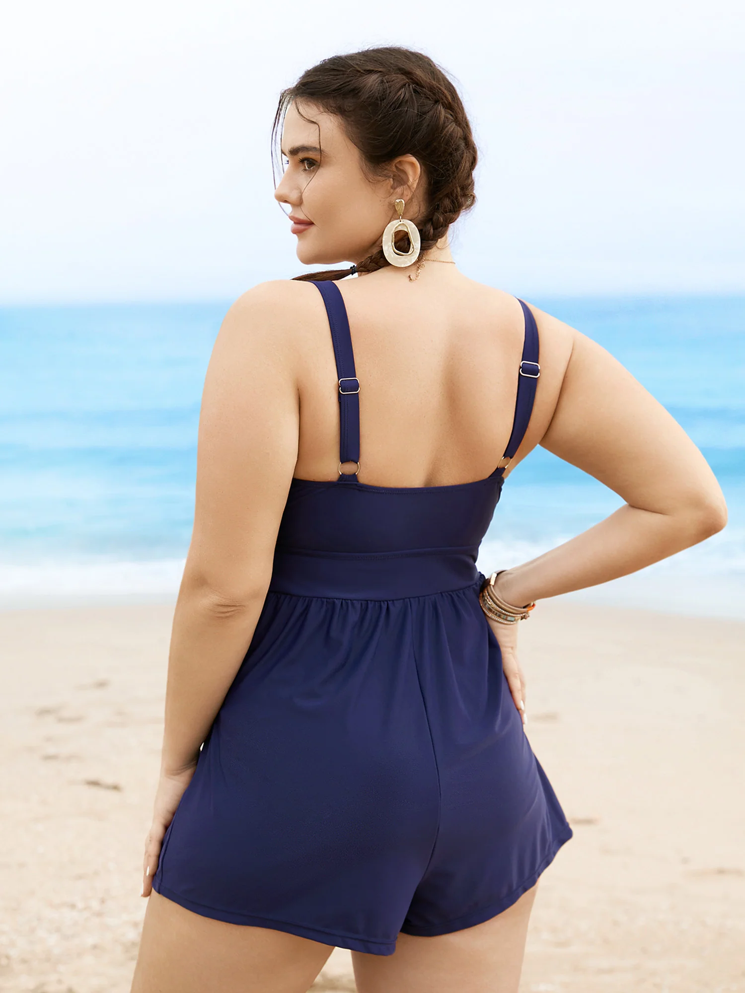 Plain Bowknot Pocket Gathered One Piece Swimsuit