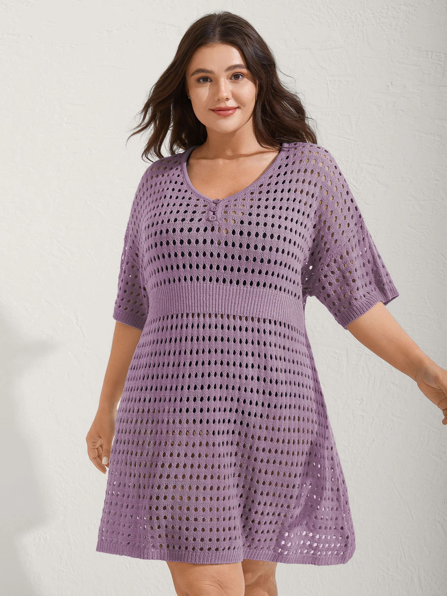 Cut-Out Waist-Cinched Button Swim Cover-Up