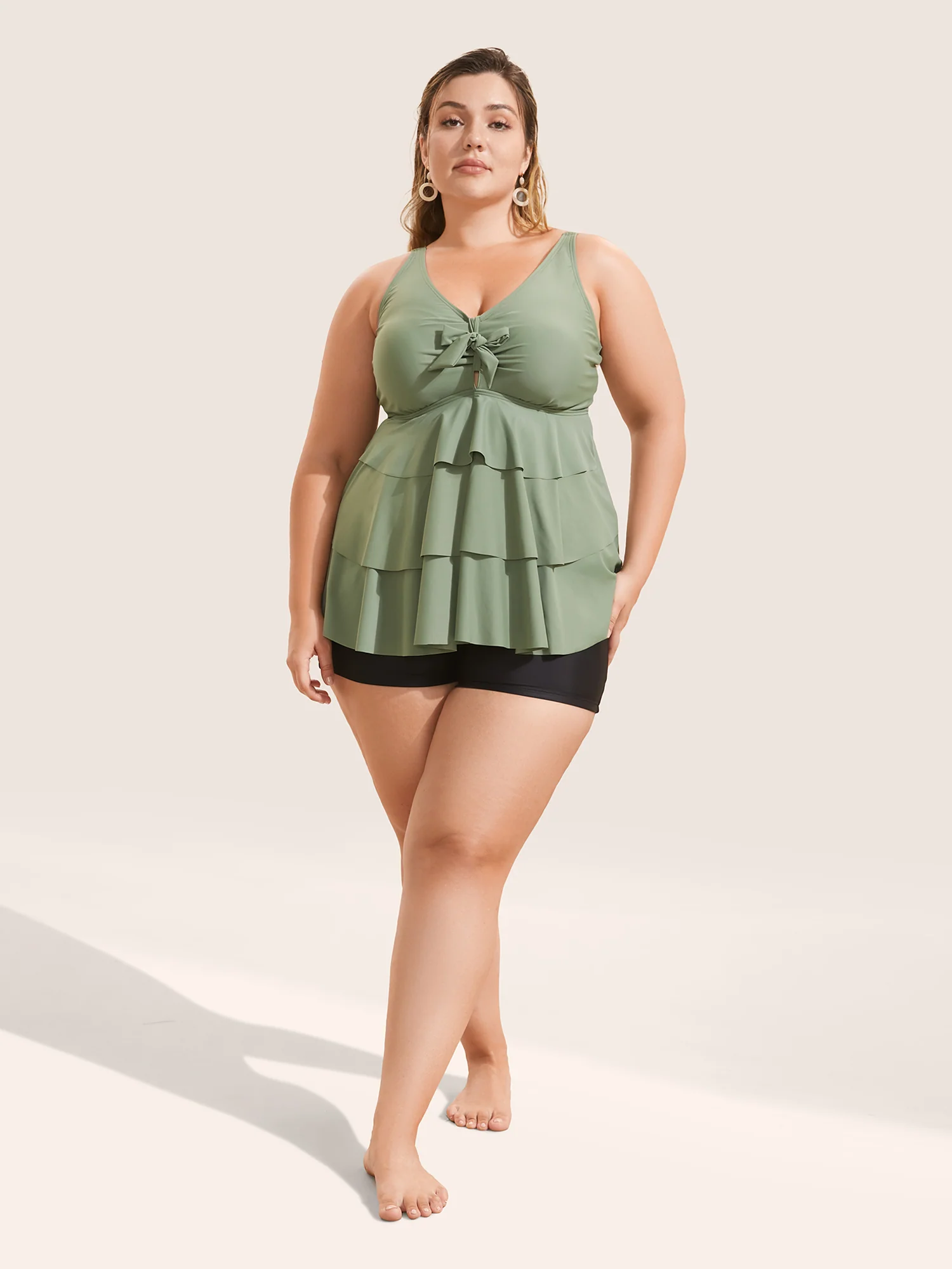 Knotted Front Ruffle Tiered Tankini Top