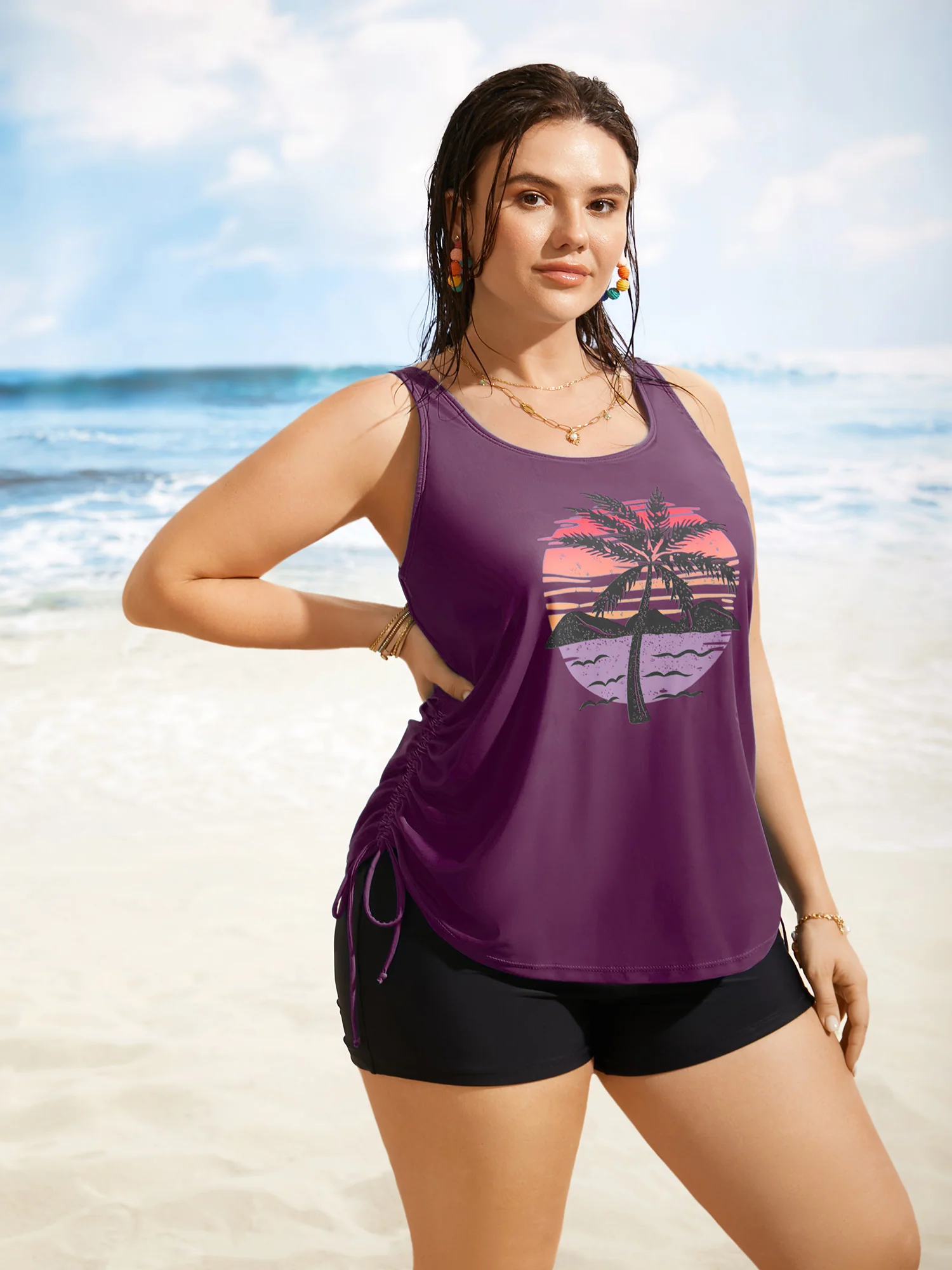 Island Print Drawstring Adjustable Swim Top