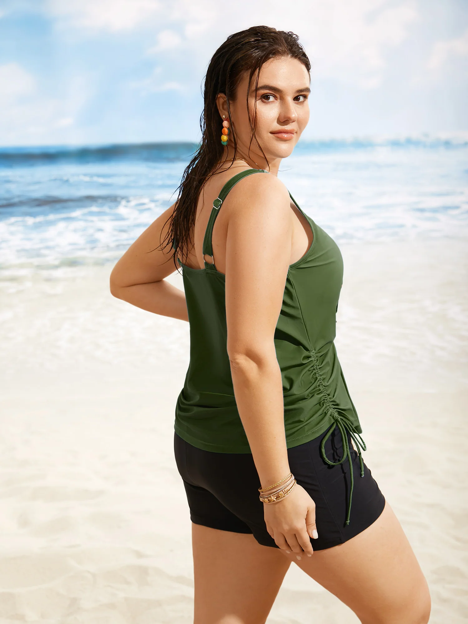 Island Print Drawstring Adjustable Swim Top