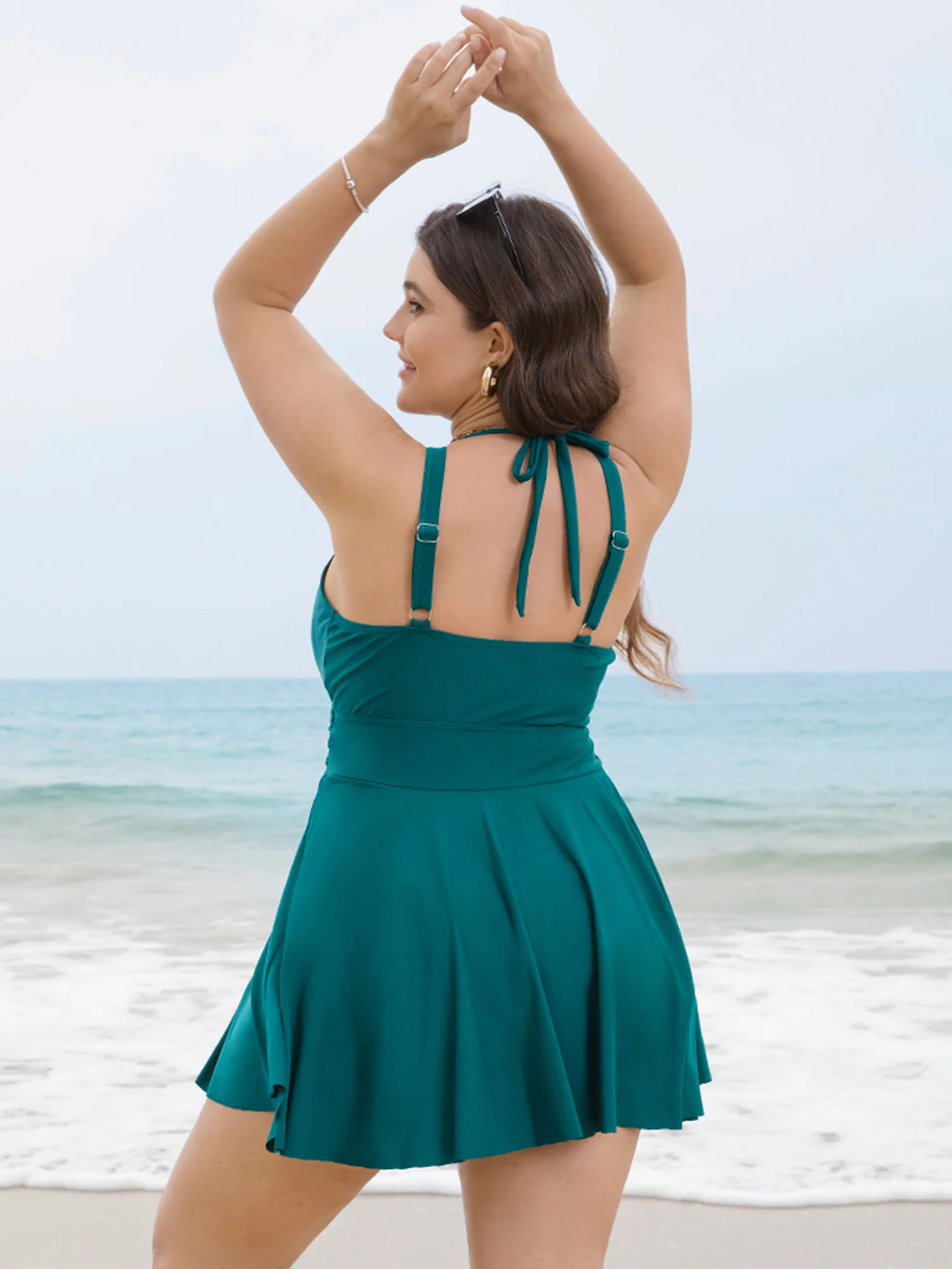 Solid Ruffle Hem Empire Waist Halter Neck Swim Dress