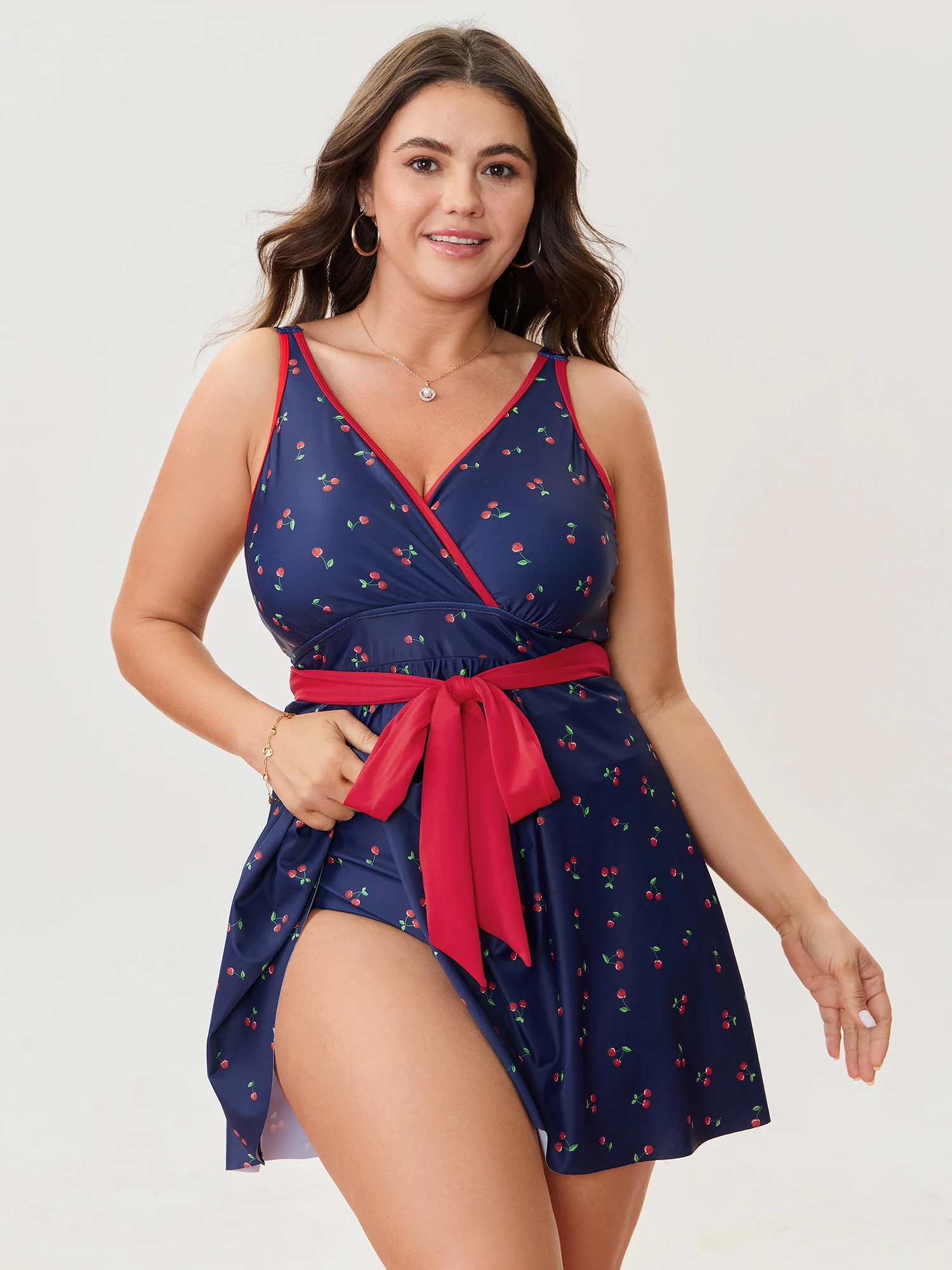 Cherry Print Belted Color Contrast Swim Dress