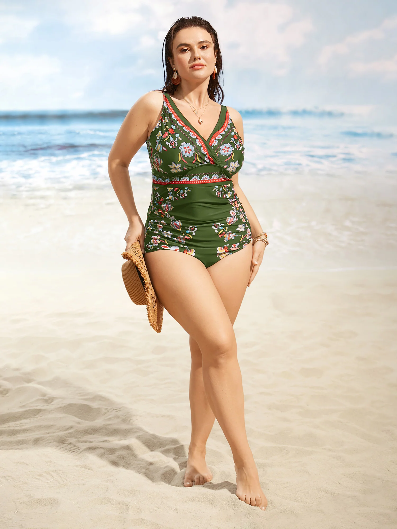 Boho Print Surplice Neck Ruched One Piece Swimsuit