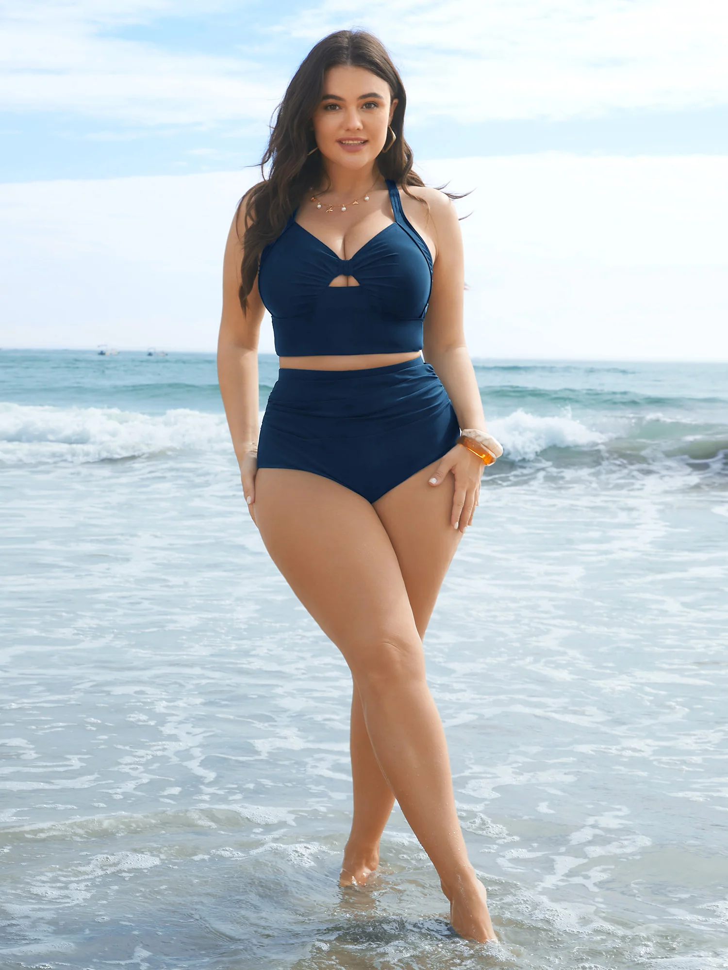 High Rise Ruched Plain Swim Bottoms