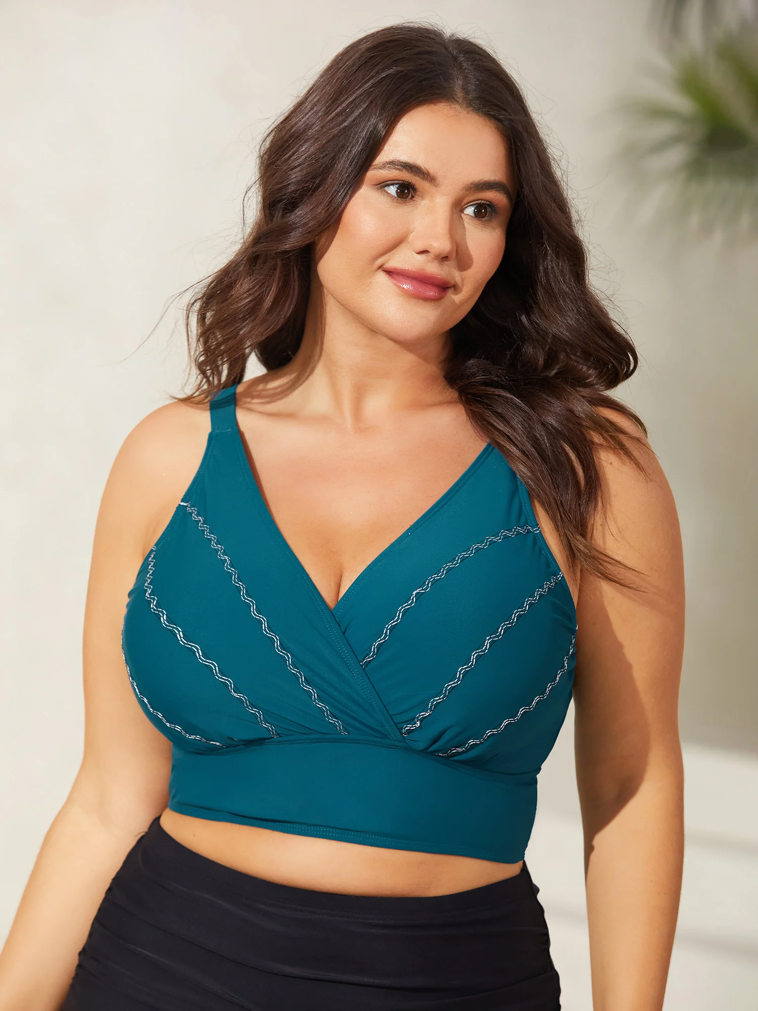 Embroidered Surplice Neck Adjustable Swim Top