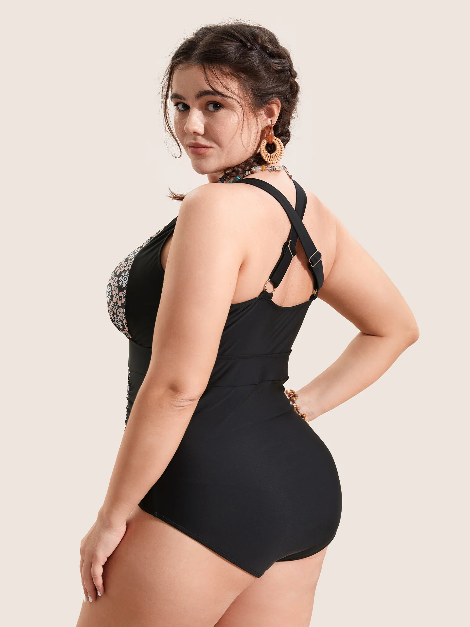 Overlap Collar Boho Print Patchwork One Piece Swimsuit