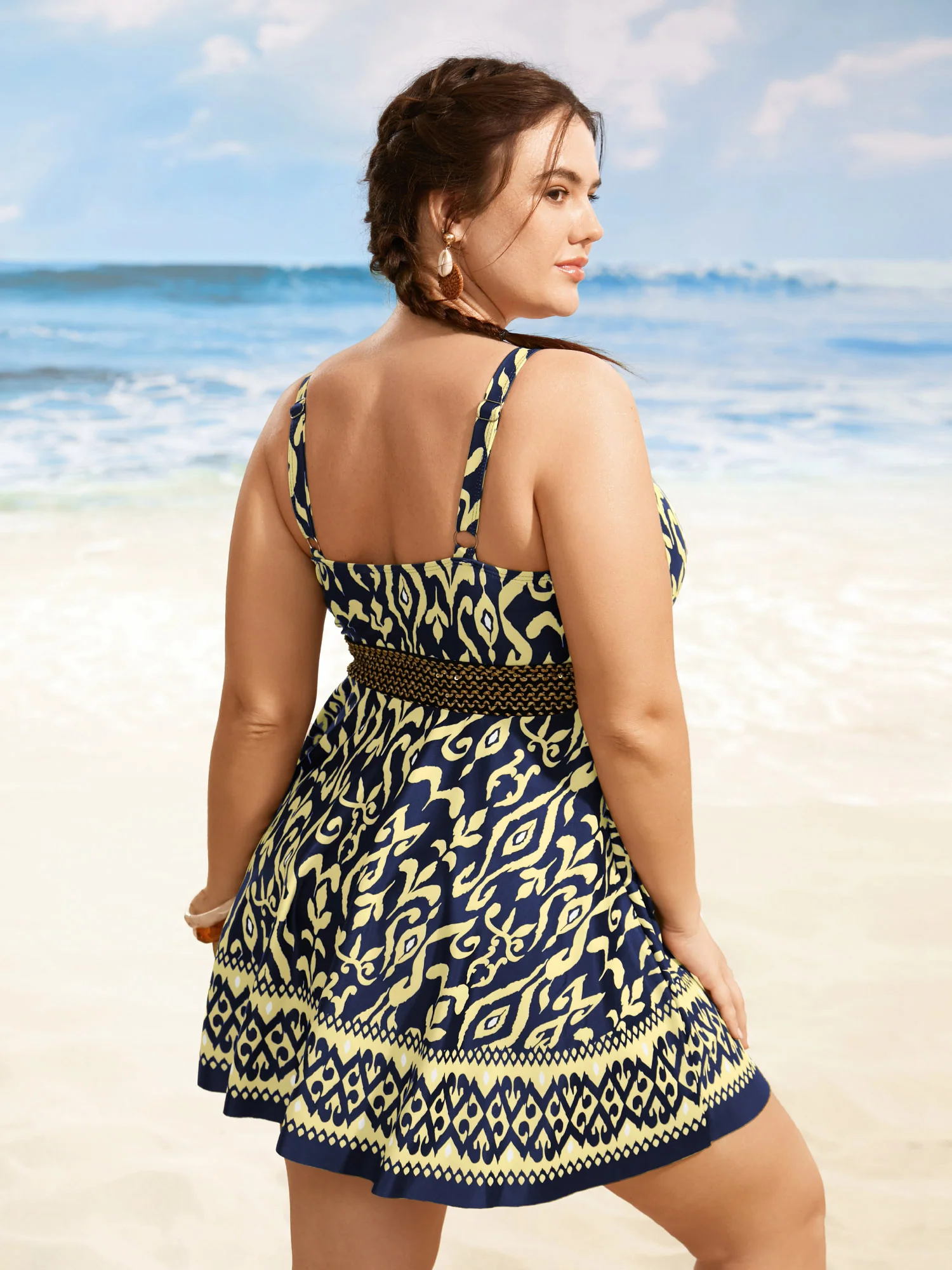 Boho Print Overlap Collar Woven Ribbon Swim Dress