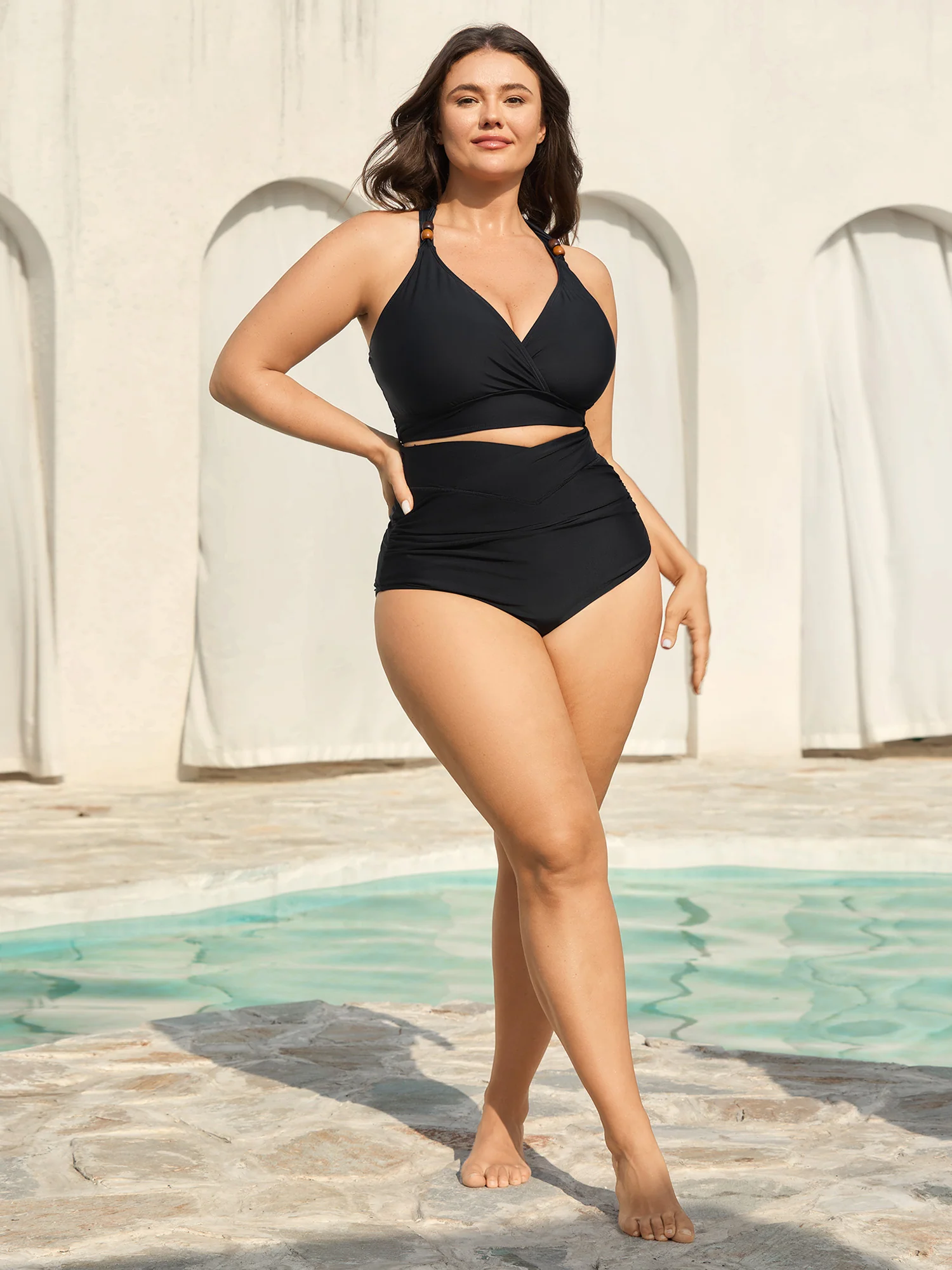 Cross High Waist Ruched Swim Bottoms