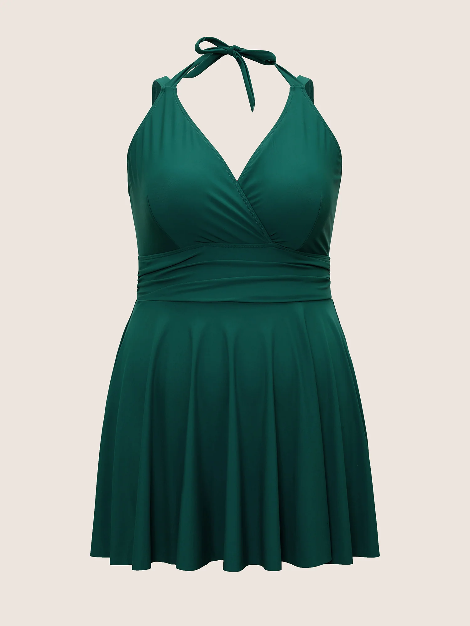 Solid Ruffle Hem Empire Waist Halter Neck Swim Dress