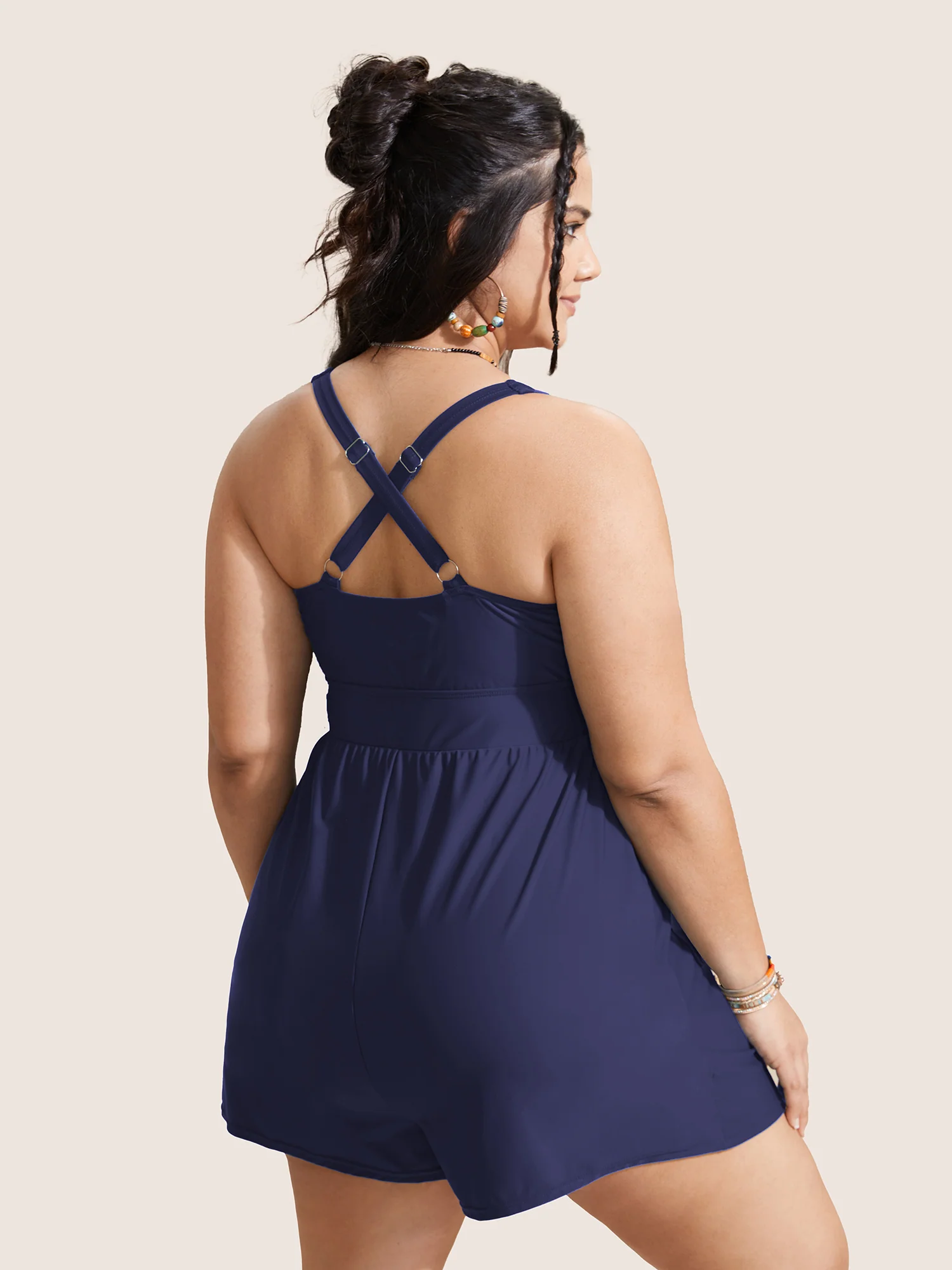 Plain Patched Pocket Drawstring One Piece Swimsuit