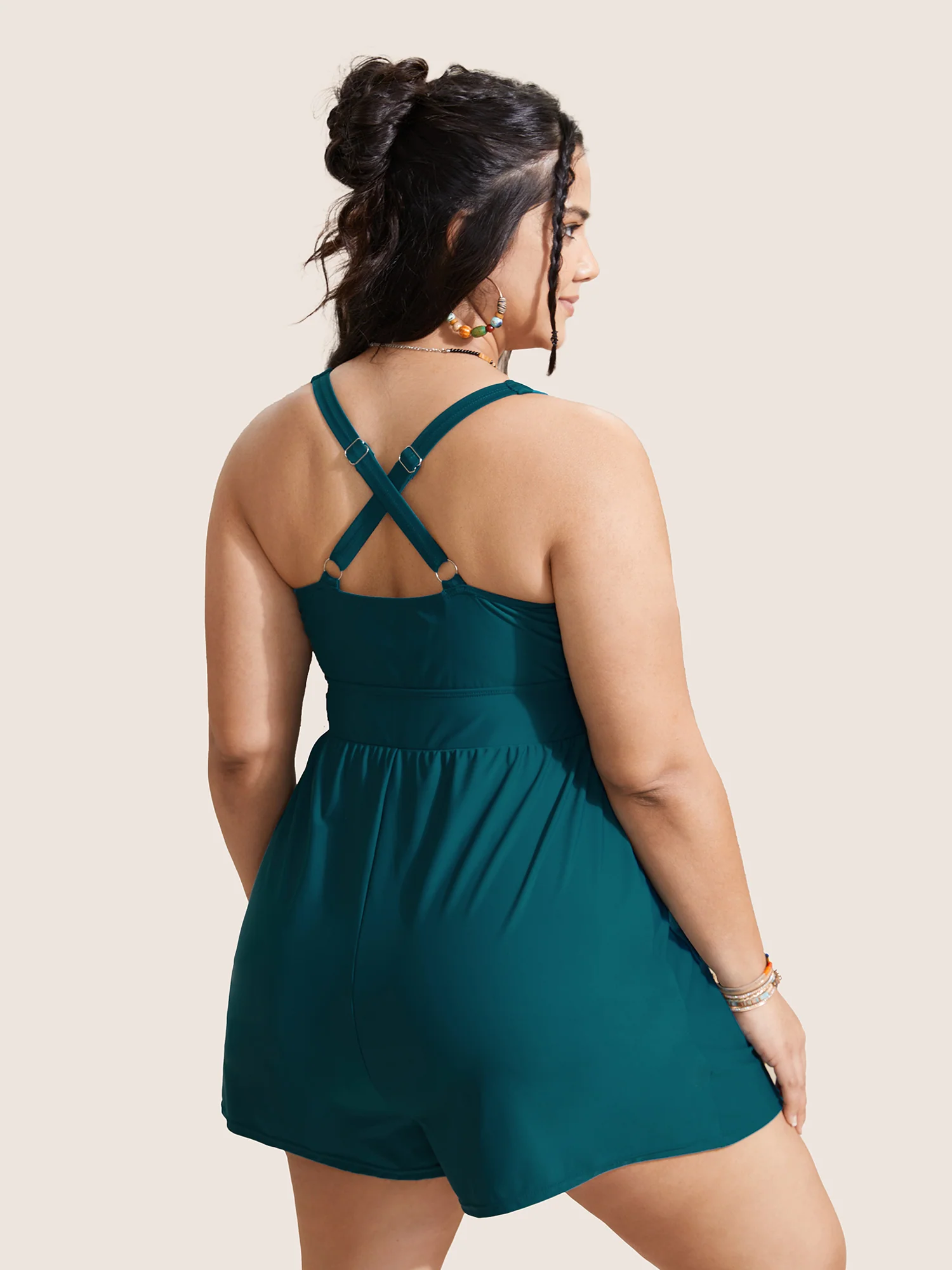 Plain Patched Pocket Drawstring One Piece Swimsuit