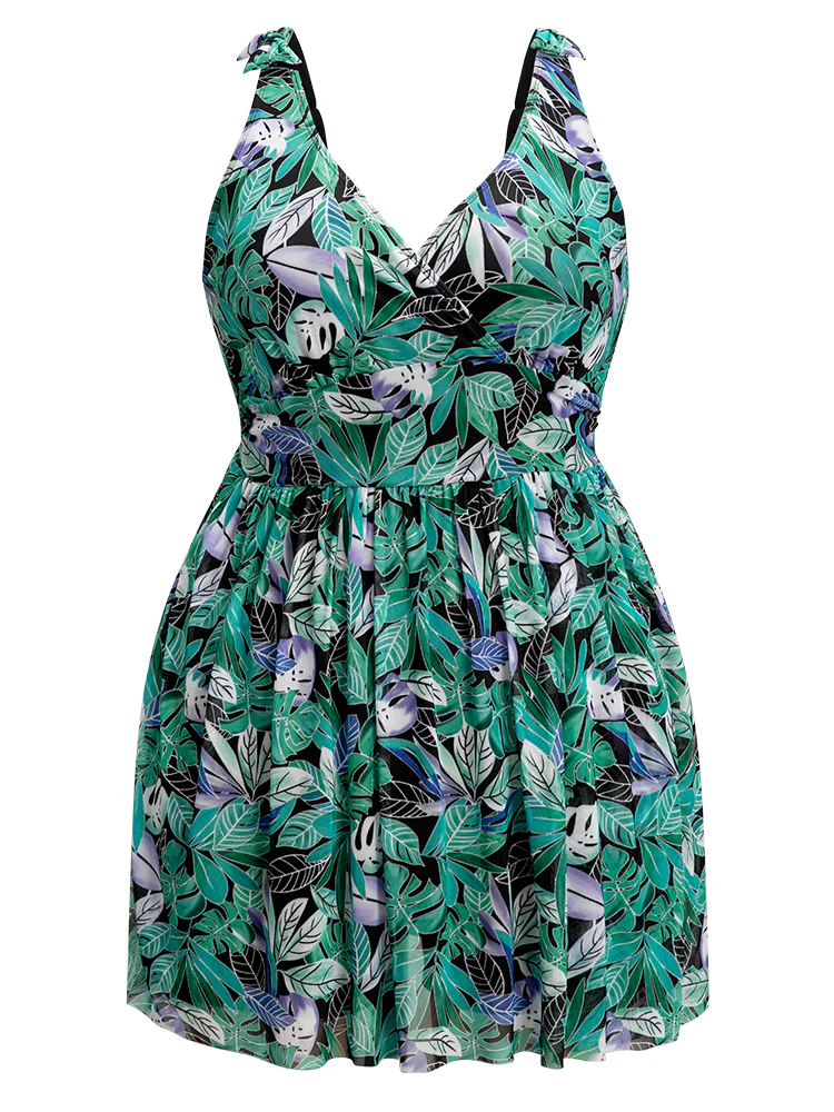 Tropical Print Bow Sculpt Waist Split Swim Dress
