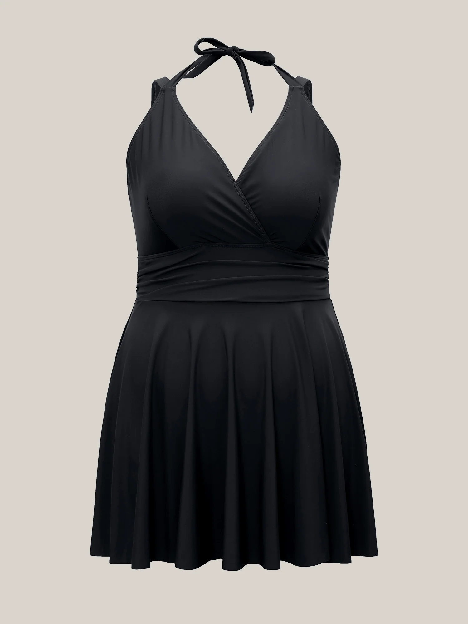 Solid Ruffle Hem Empire Waist Halter Neck Swim Dress