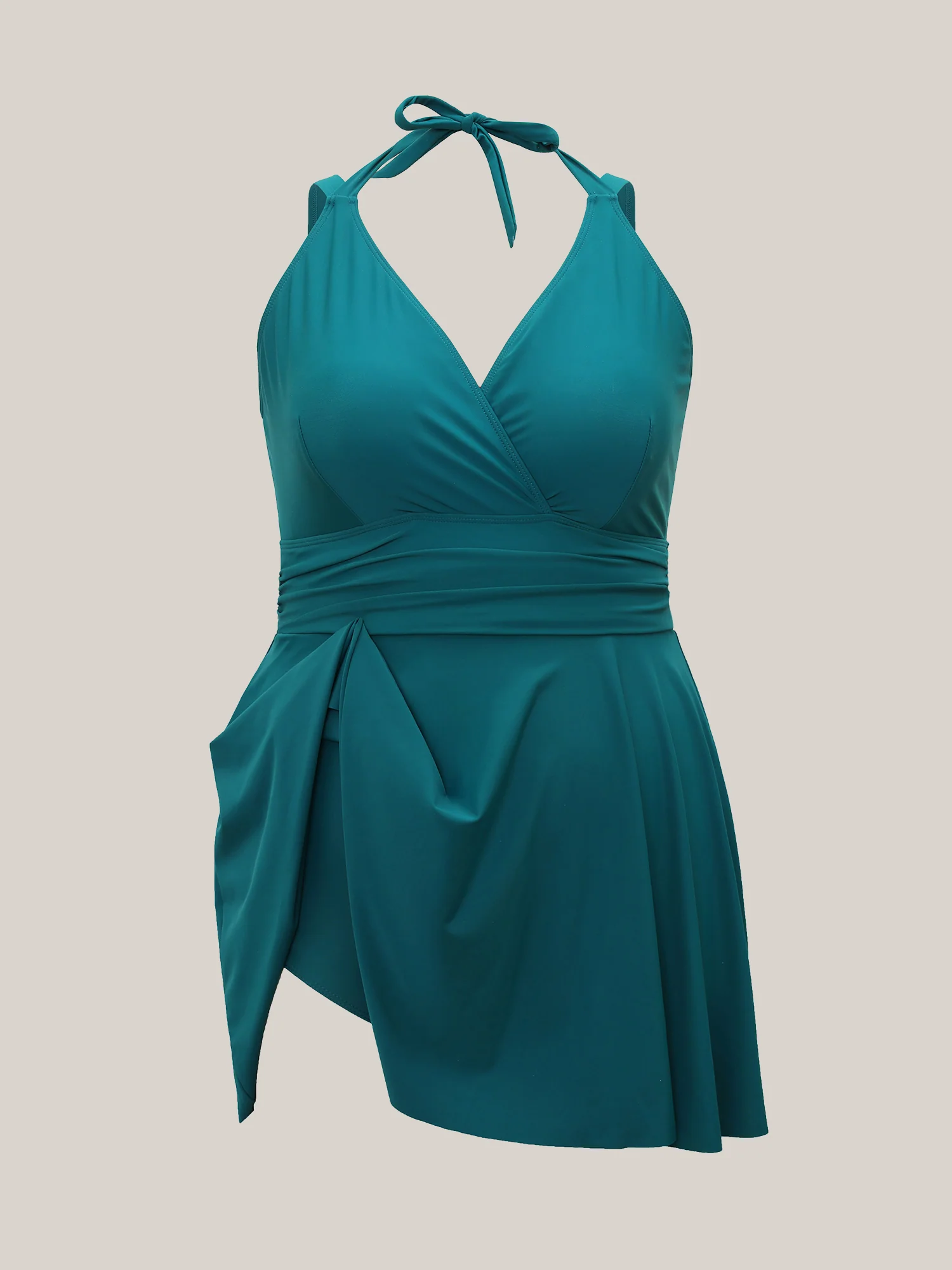 Solid Ruffle Hem Empire Waist Halter Neck Swim Dress