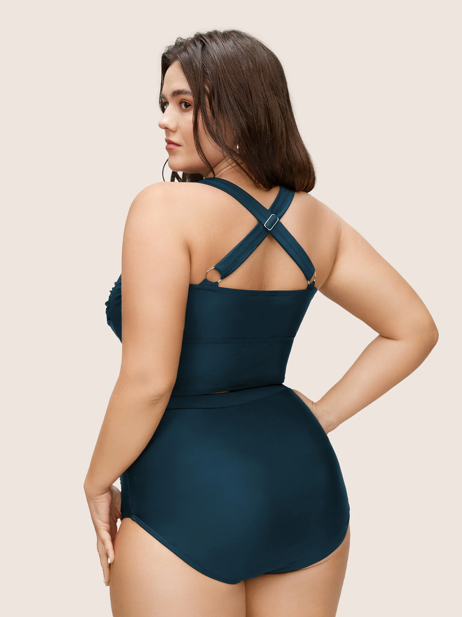 Solid Crossover Square Neck Adjustable Straps Swim Top