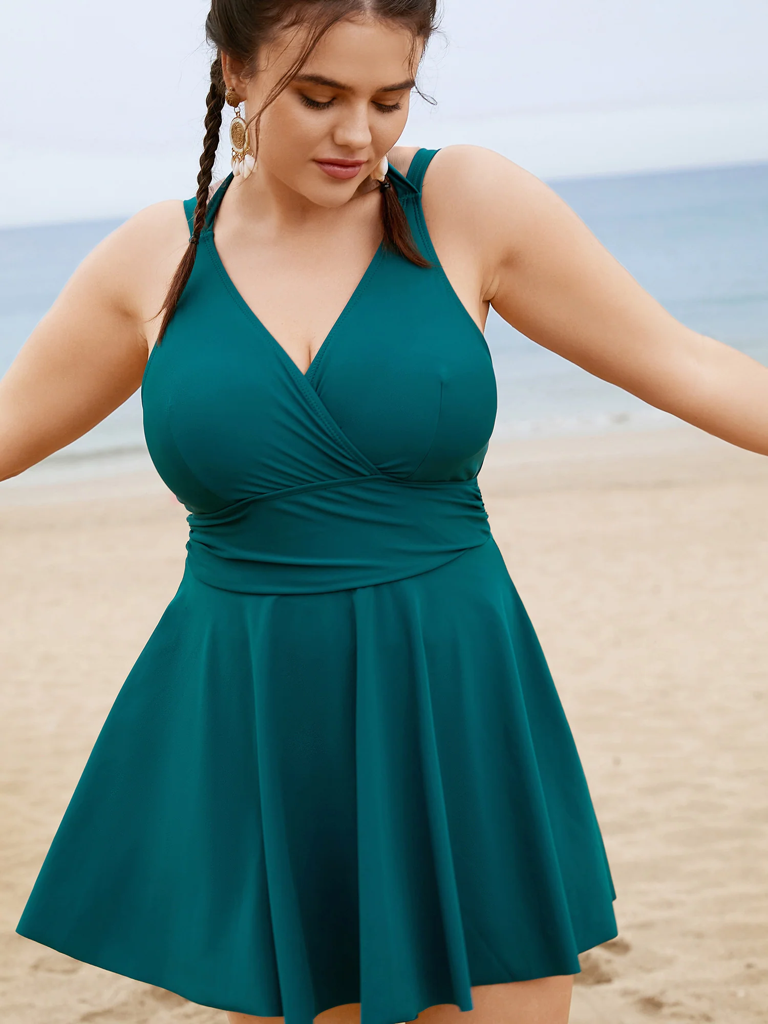 Solid Ruffle Hem Empire Waist Halter Neck Swim Dress