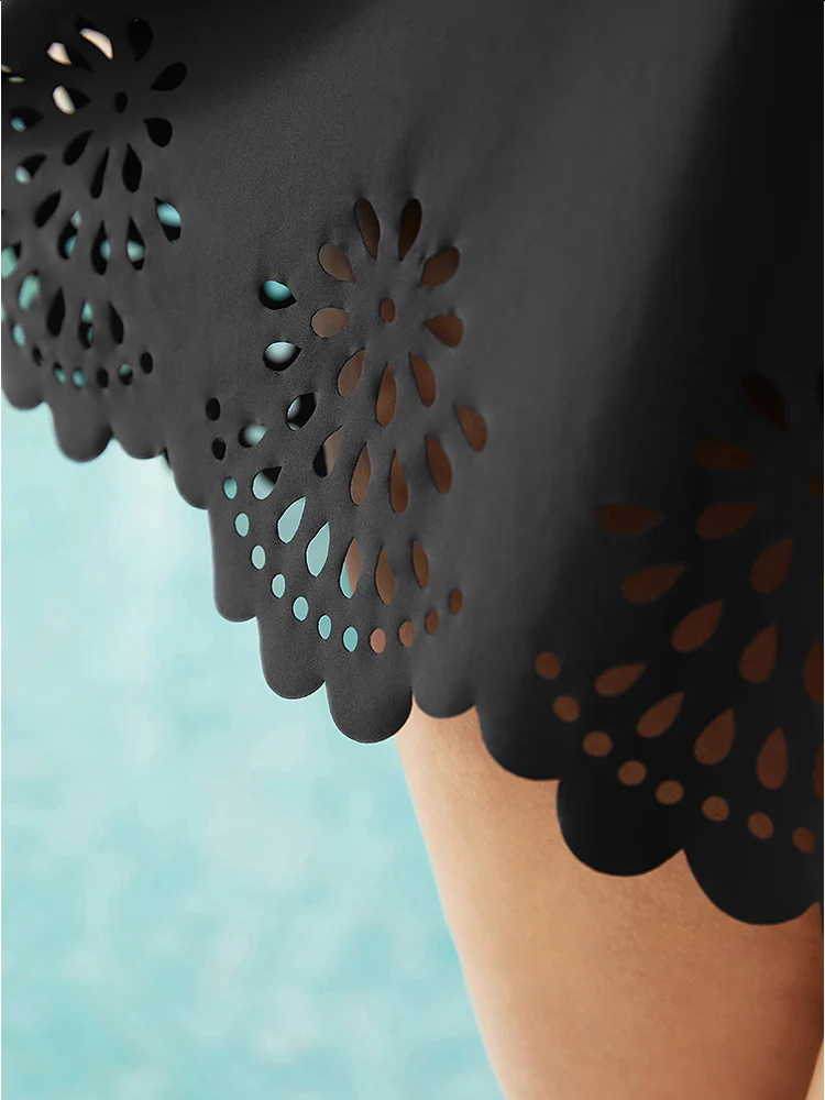 Laser Cut Ruched Drawstring A Line Swim Dress
