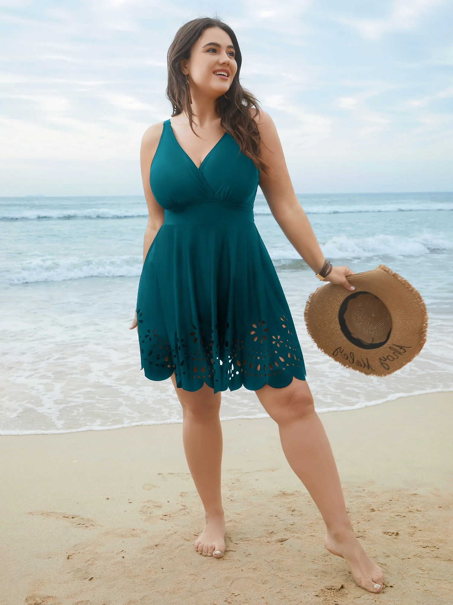 Laser Cut Surplice Neck Waist-Cinched Swim Dress