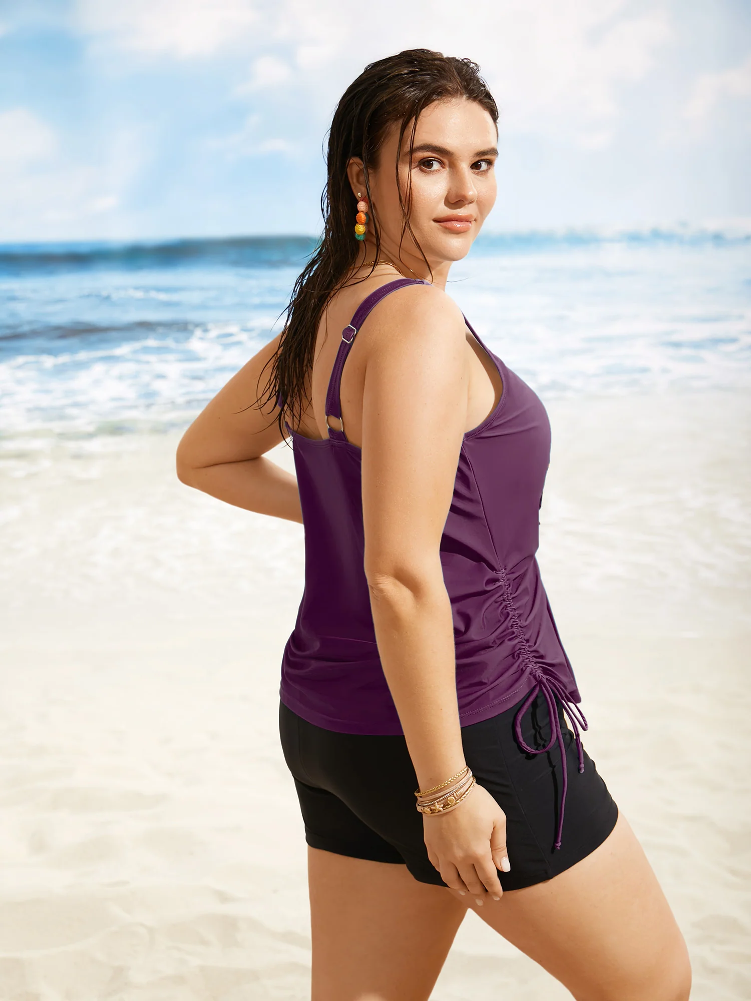 Island Print Drawstring Adjustable Swim Top