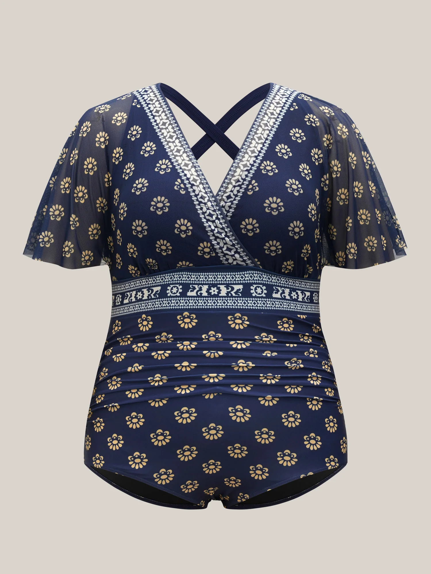 Boho Print Mesh Ruched Crisscross One-Piece Swimsuit