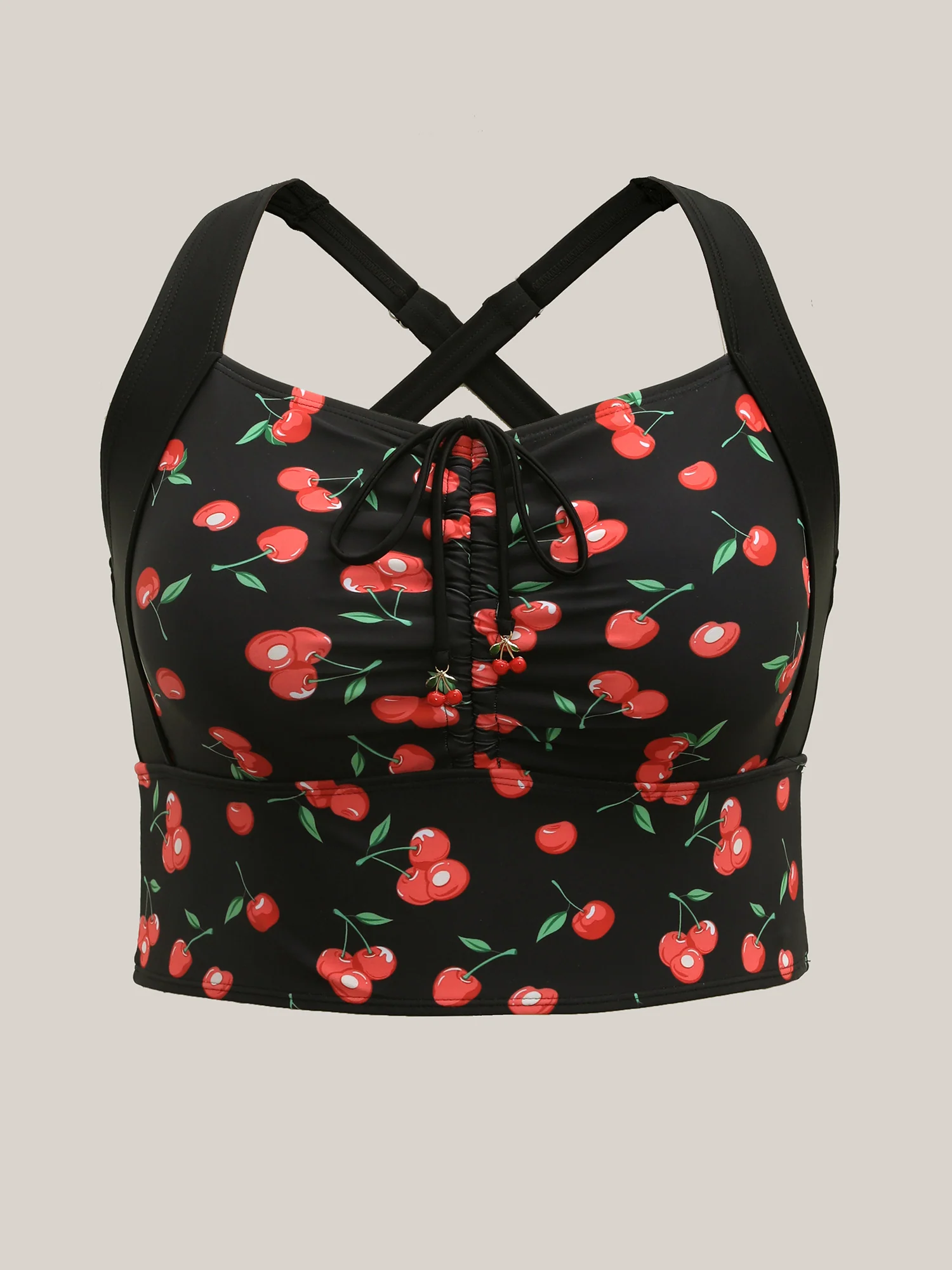 Cherry Print Ruched Drawstring Swim Top